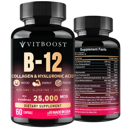 B12 with Hyaluronic Acid, Collagen and Folate – 25000 mcg B12 Complex | Maximize Absorption & Energy | Gluten Free USA Made, B1, B2, B3, B6, B7, B12 vitamins 5000 mcg VITBOOSTUS supplements