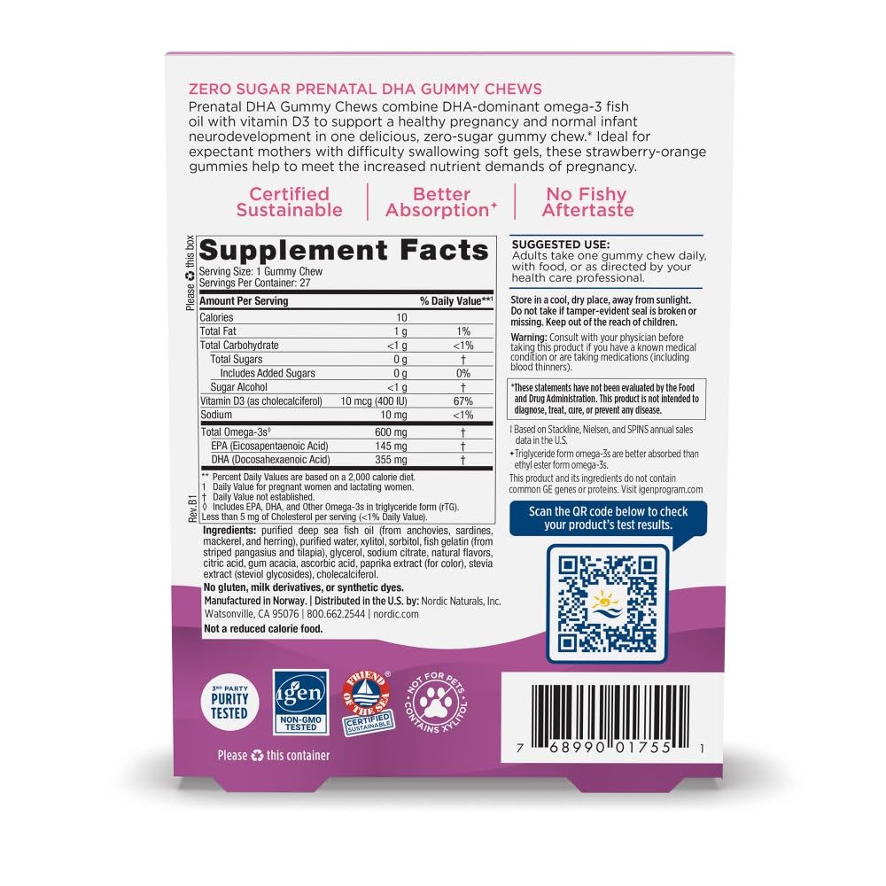 Nordic Naturals Zero Sugar DHA Prenatal Vitamin Gummies, Strawberry Orange Flavor - 27 Gummies - Supplements for Pregnancy - 600 mg Omega-3 Fish Oil and 400 IU Vitamin D3-27 Servings Nordic Naturals Au supplements