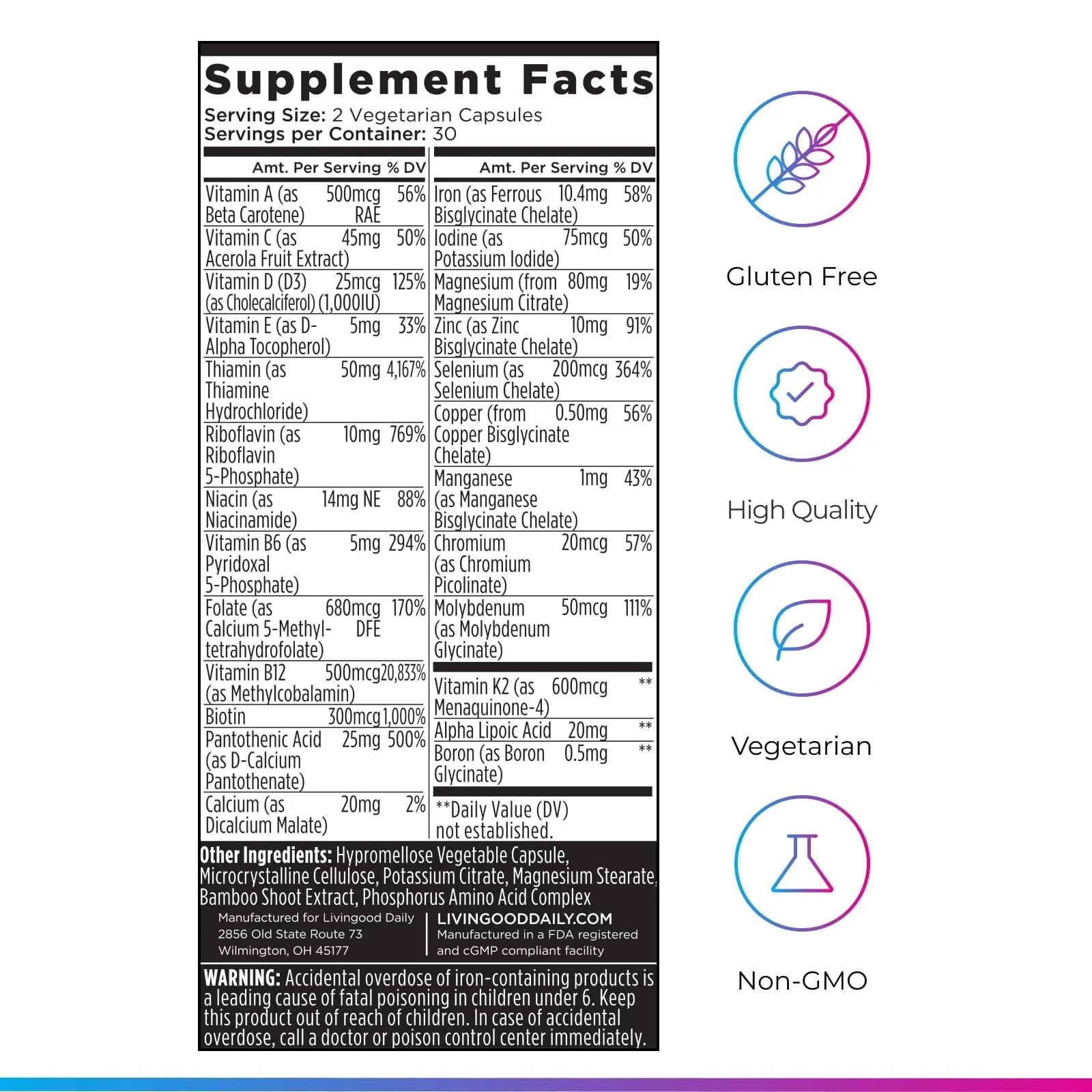 Livingood Daily Methylated Multivitamin for Women and Men, Multi Vitamin Supplement with Alpha Lipoic Acid, B Vitamins, Iron, Zinc and Selenium Livingood Daily Au supplements