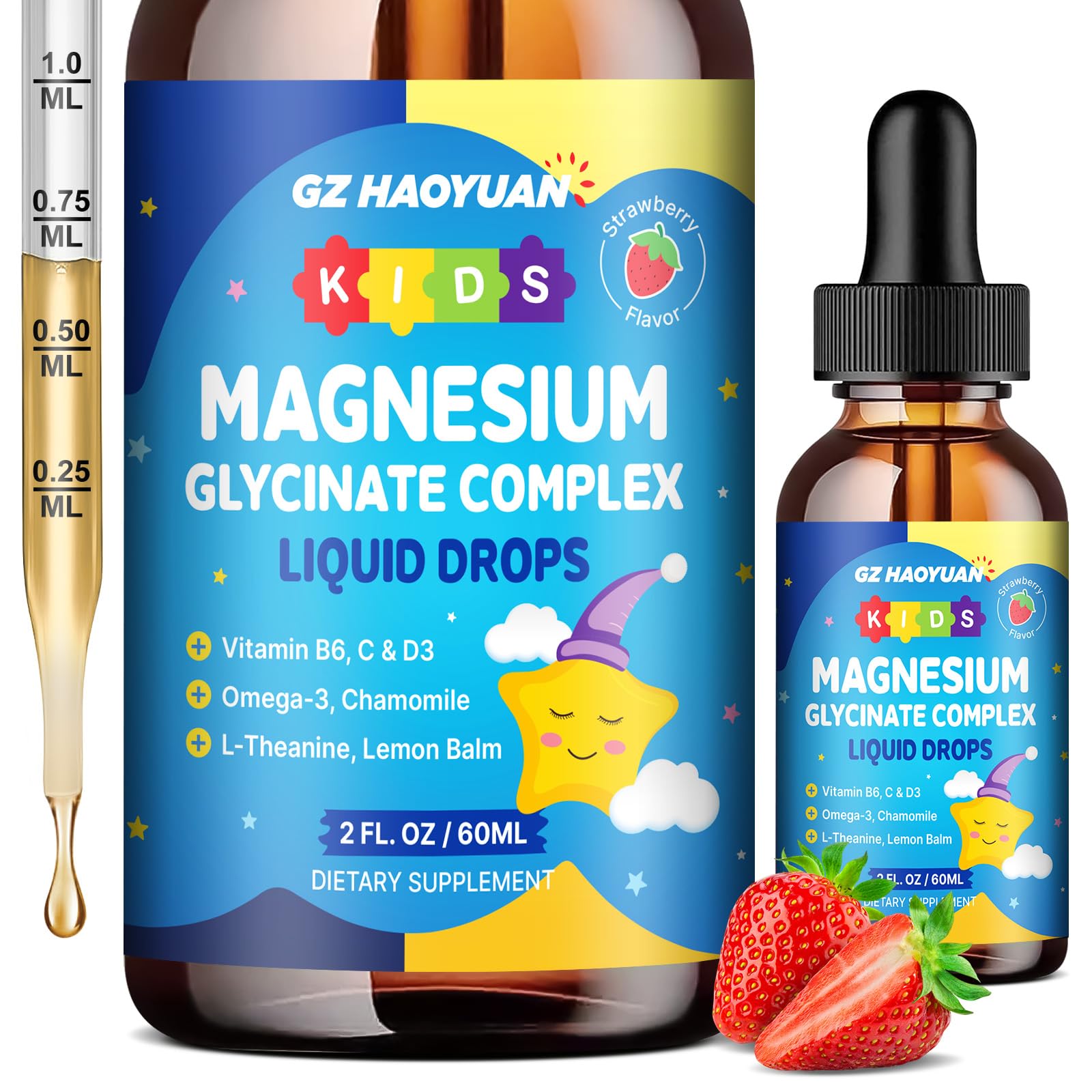 Kids Magnesium Glycinate Liquid Drops‌ – with L-Theanine, Omega-3, Vitamins B6 & D3, Zinc & Calcium – for Sleep Support, Relaxation, Focus & Brain, Bones – Strawberry Flavor, 2 Fl Oz GZ HAOYUAN Au supplements