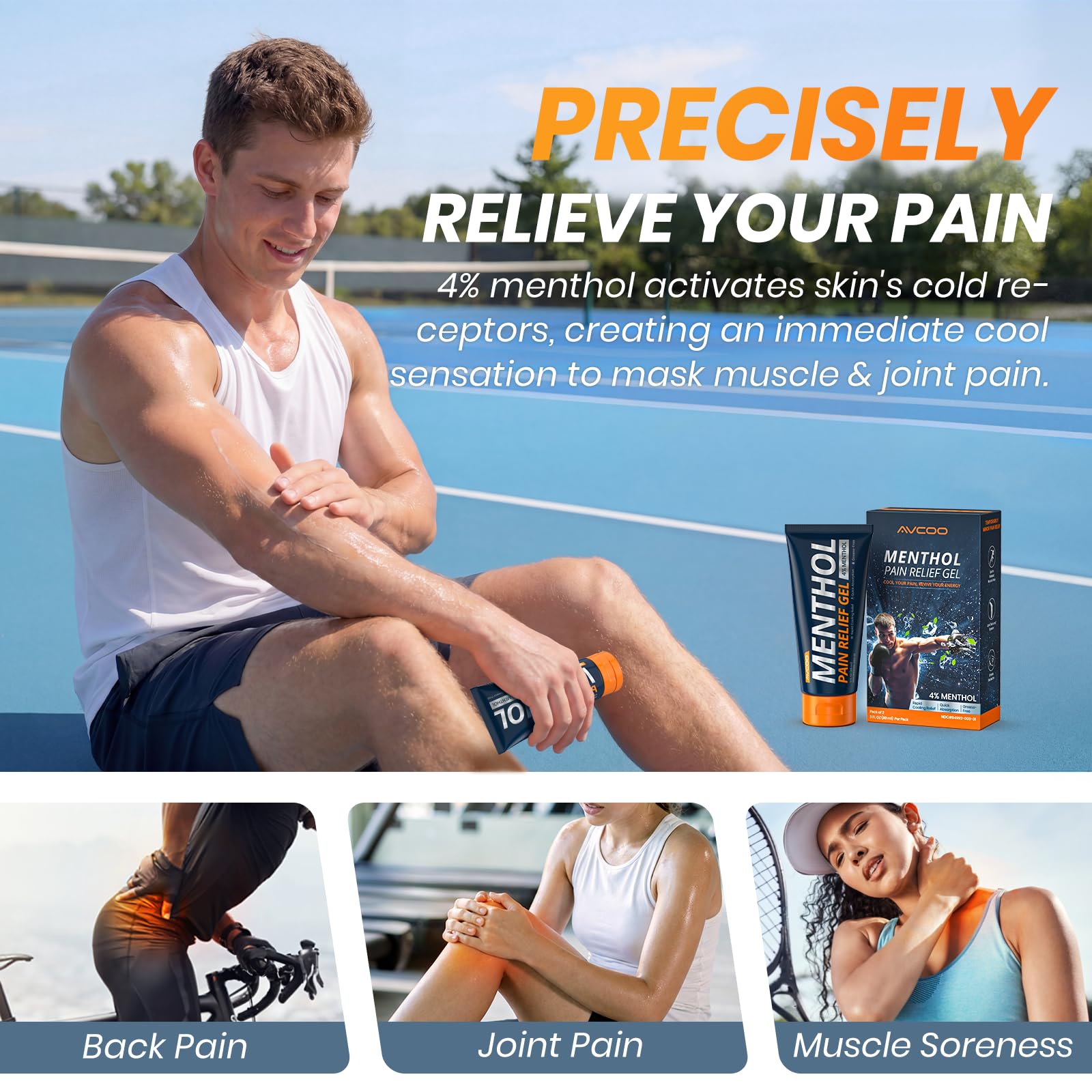 AVCOO 4% Menthol Pain Relief Gel, Cooling Sensation for Arthritis, Knees, Joint, Sore Muscle, Neck, Shoulder and Lower Back Pain Relief, Grease-Free Gel, 2 Packs (3 OZ Per Pack) AVCOO Au supplements