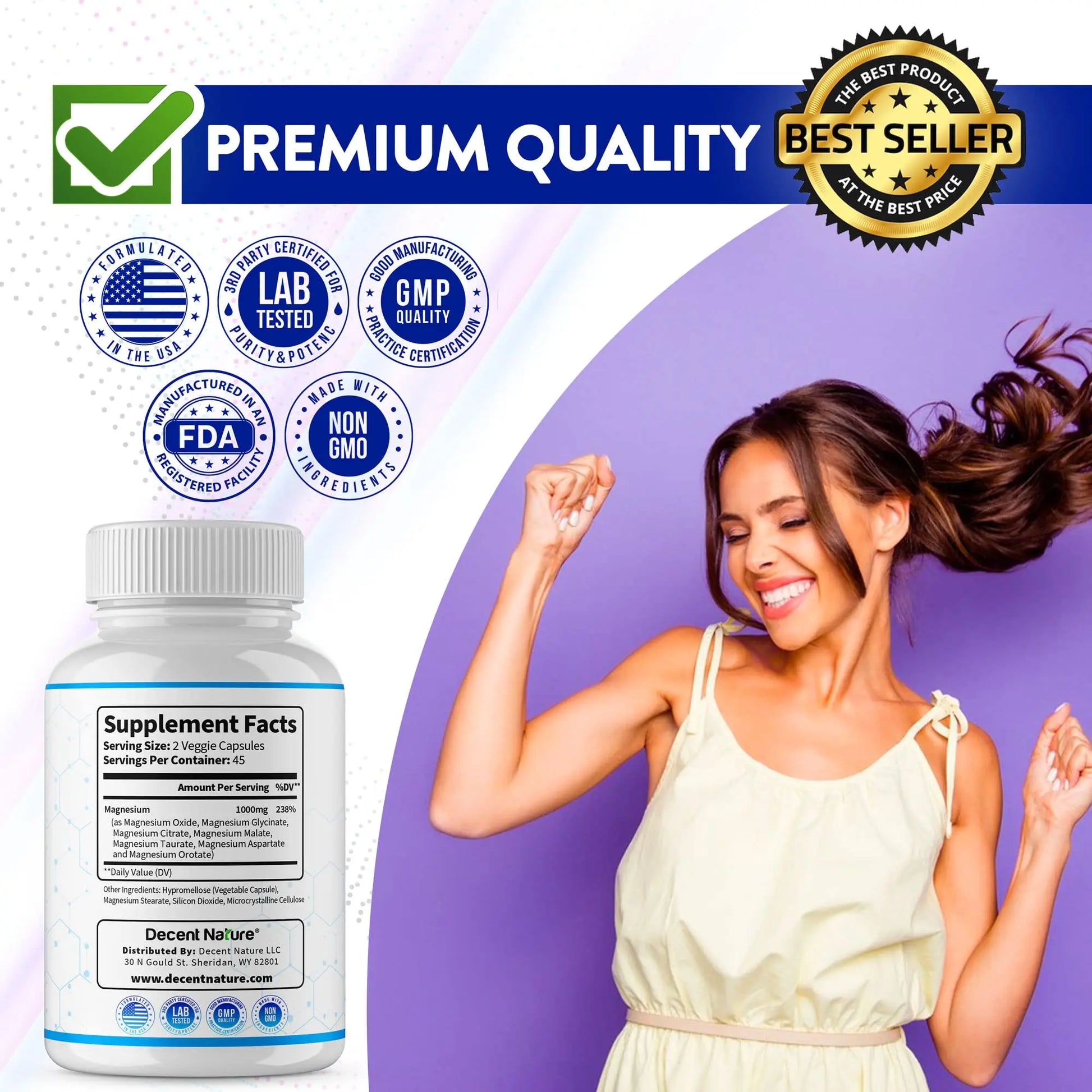 Magnesium Complex 7 Elemental Magnesium Supplement 1000mg – Magnesium Glycinate, Citrate, Malate, Taurate, Oxide, Aspartate, Orotate Non-GMO 90 Capsules DECENT NATURE Au supplements