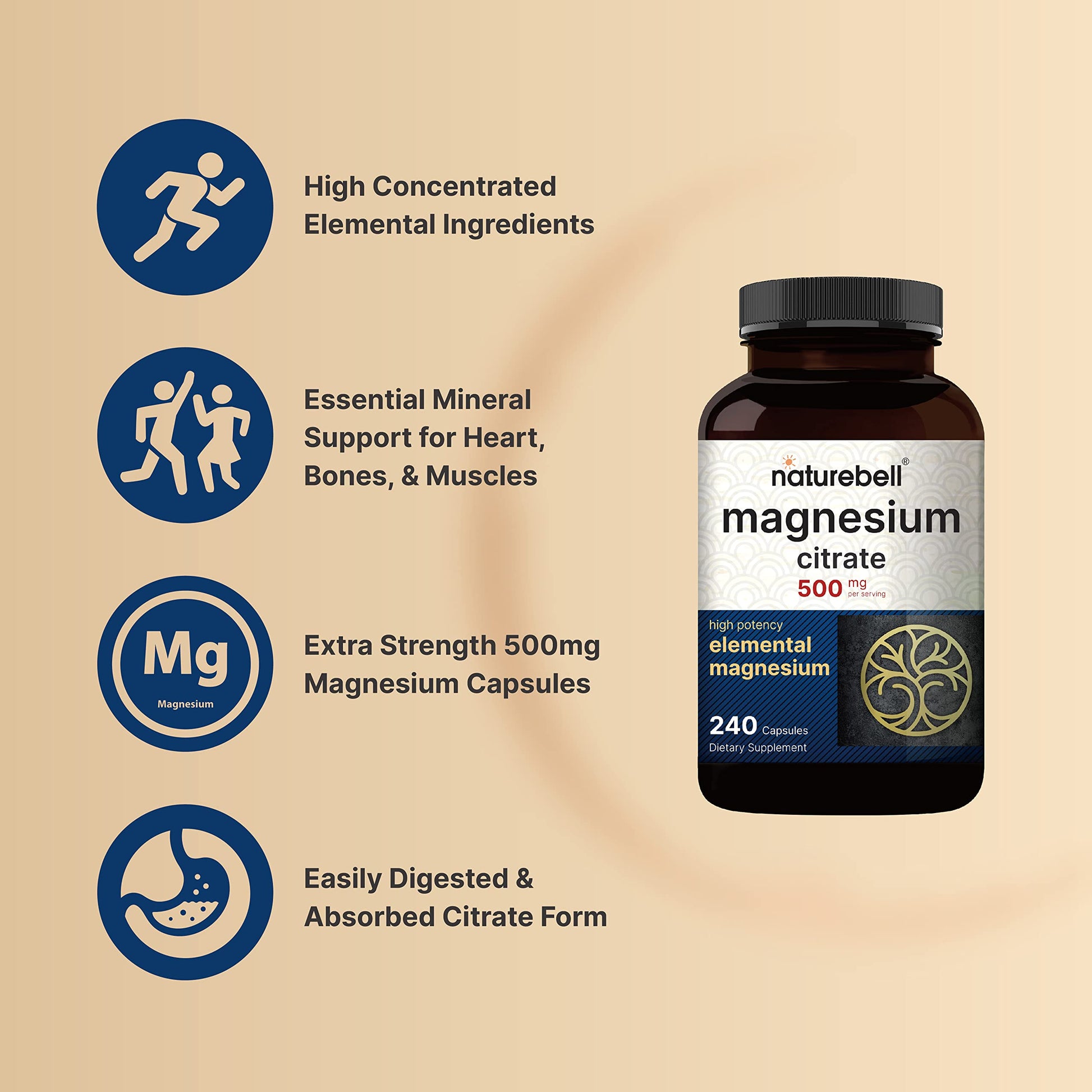 NatureBell Magnesium Citrate 500mg, 240 Capsules | High Purity Elemental Form NatureBell Au supplements