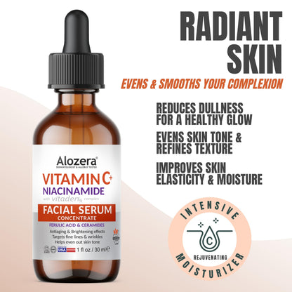 Alozera Vitamin C Facial Serum with Niacinamide & Ferulic Acid, Anti-Aging Serum for Visible Brightening, Glowing & Radiant Skin, Concentrated, Gentle & Effective, Day & Night Alozera buy supplements Au
