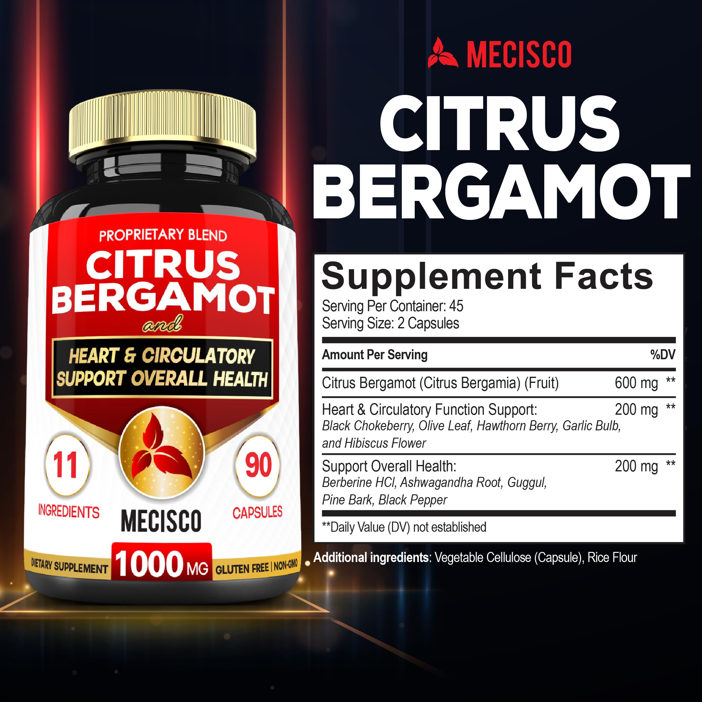 Mecisco 11 in 1 Citrus Bergamot Supplement 1000mg with Black Chokeberry, Berberine HCl & More - 90 Capsules - Supports Heart Health, Immune System, Energy Production Mecisco Au supplements