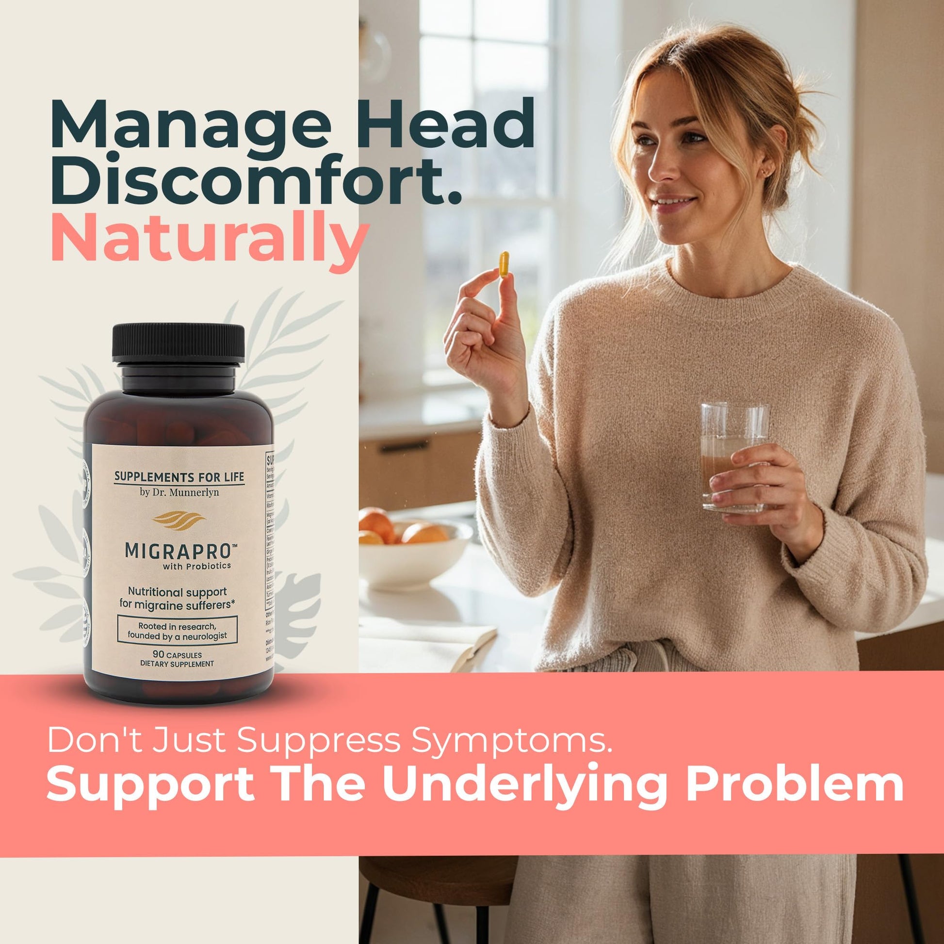 Dr. Munnerlyn MigraPro with Probiotics, Brain and Gut Health Support Supplement with Magnesium, Riboflavin, CoQ10, Ginger Root, Asian Ginseng, Vitamin C, Feverfew & Turmeric, Gluten Free, 90 Capsules Dr. Munnerlyn Au supplements