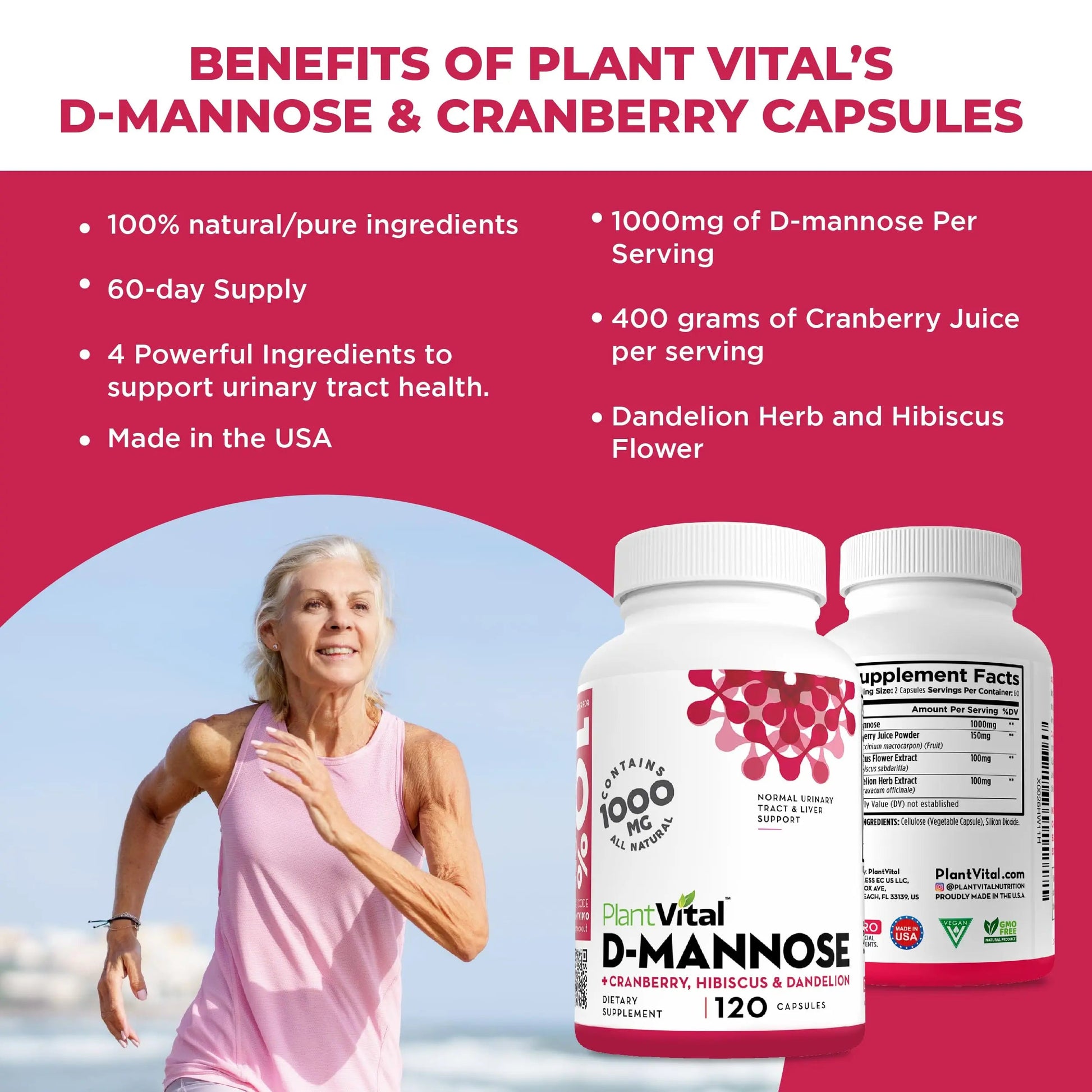 Plantvital D Mannose Capsules with Cranberry - D-mannose 1000mg Capsules - High Potency for Bladder, Kidney and Urinary Tract Support. Cranberry Powder with Hibiscus and Dandelion. 2 Months Supply Plantvital Au supplements