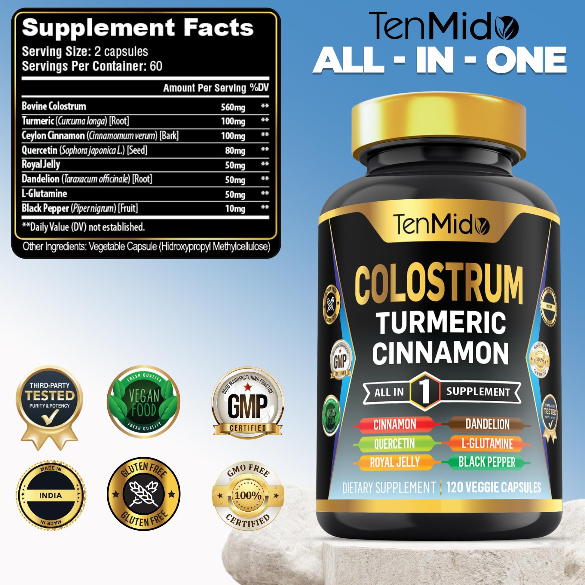 Tenmido Colostrum Supplement - 8in1 Formula - Combine with Turmeric, Ceylon Cinnamon, Quercetin, Royal Jelly, Dandelion, L- Glutamine, and Black Pepper - Digestive Health Support - 120 Capsules Tenmido Au supplements