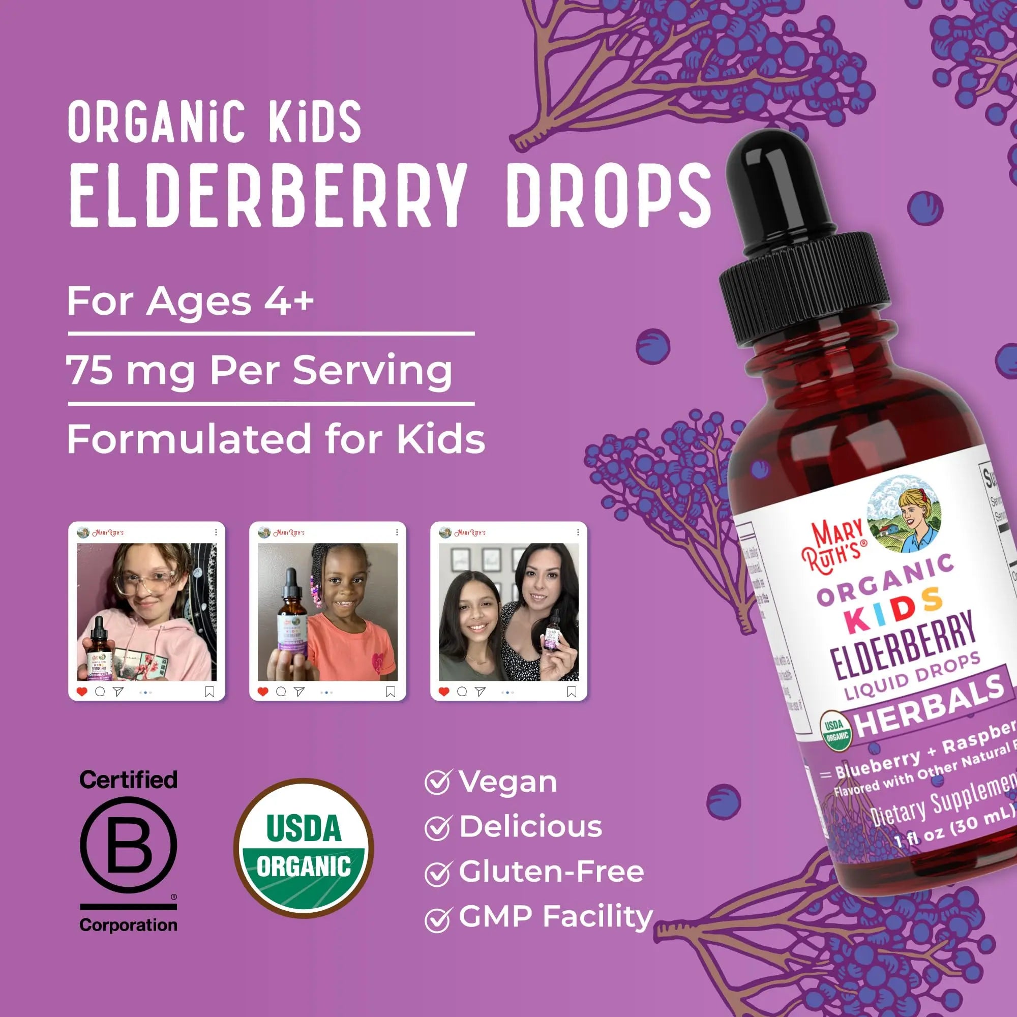MaryRuth Organics USDA Organic Elderberry Liquid Drops for Kids | Vegan Elderberry Extract Organic Glycerin | Immune Support Supplement | Overall Health | Formulated for Ages 4-13 | 1oz MARYRUTH'S Au supplements