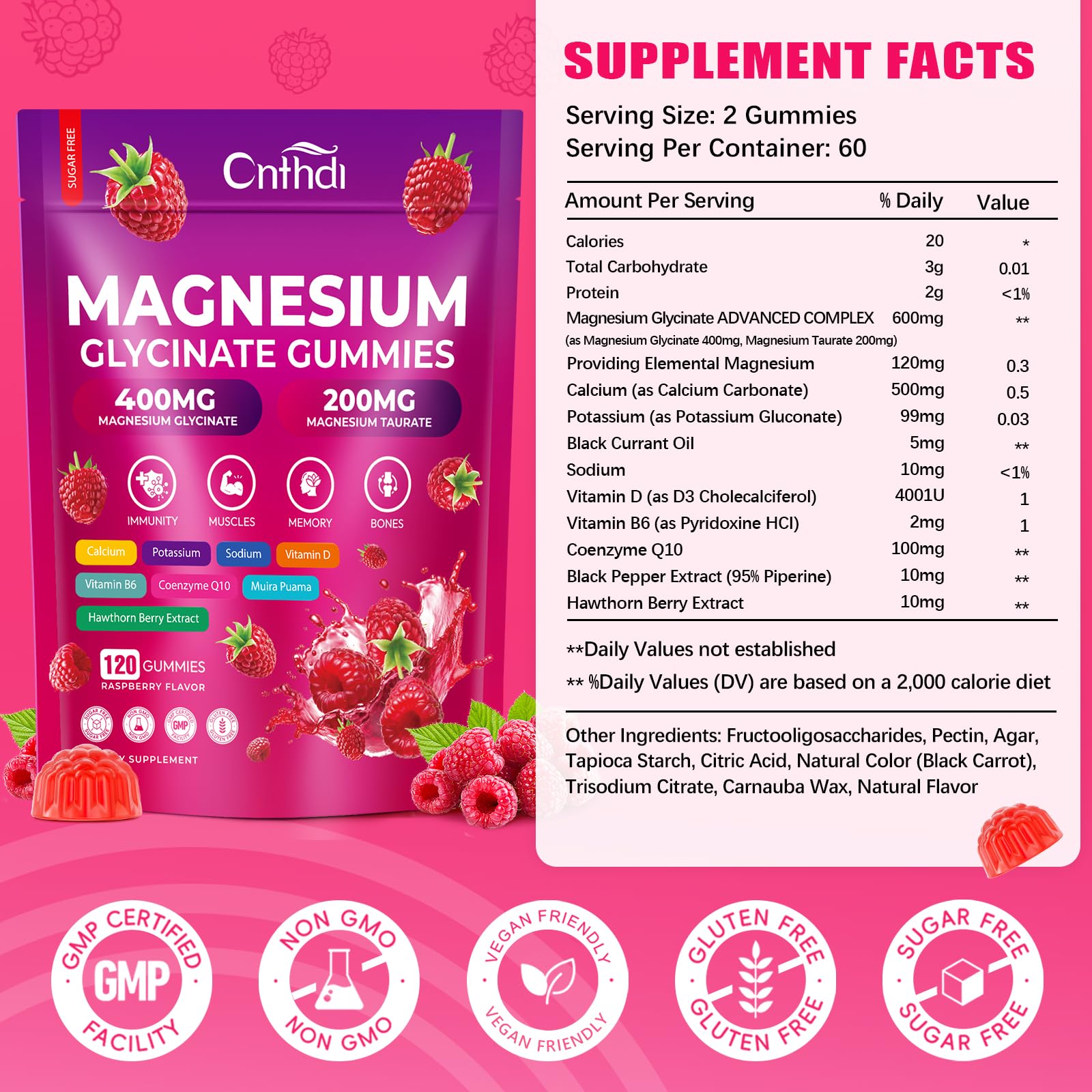 CNFHDI Magnesium Glycinate Gummies 600mg, 120 Counts Chews Sugar Free Magnesium Gummies for Adults & Kids with Calcium, Zinc & CQ10, Potassium Supplements for Zzz, Brain, Muscle & Relax CNFHDI Au supplements