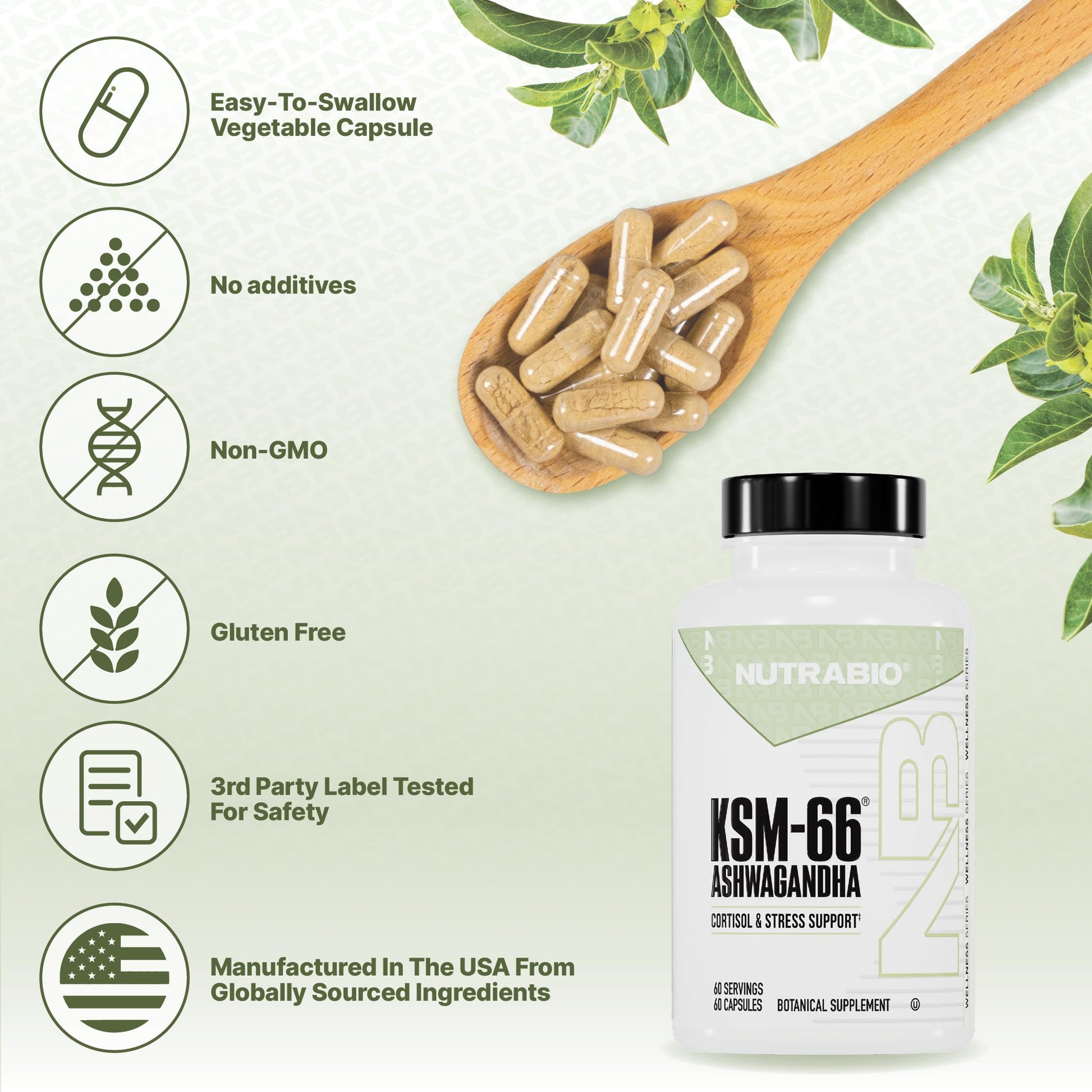 NutraBio Ashwagandha KSM-66 | Ashwagandha Herbal Supplement for Stress, Mood, & Performance | 600 MG of Clinically Studied KSM66 60 Capsules NutraBio Au supplements