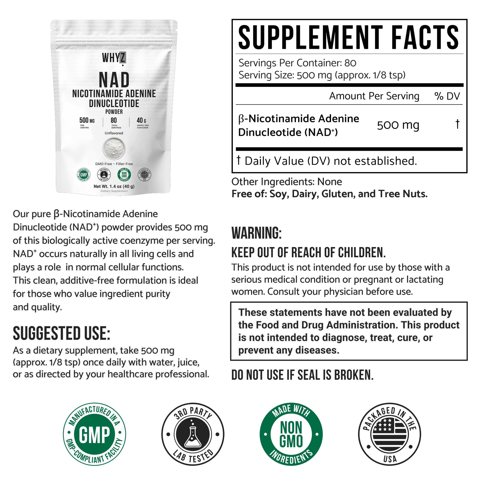Pure NAD Powder Nicotinamide Adenine Dinucleotide Supplement Unflavored and Gluten-Free Premium Pure NAD Powder for Daily Wellness and Nutrition Support, 40g WHYZ Au supplements