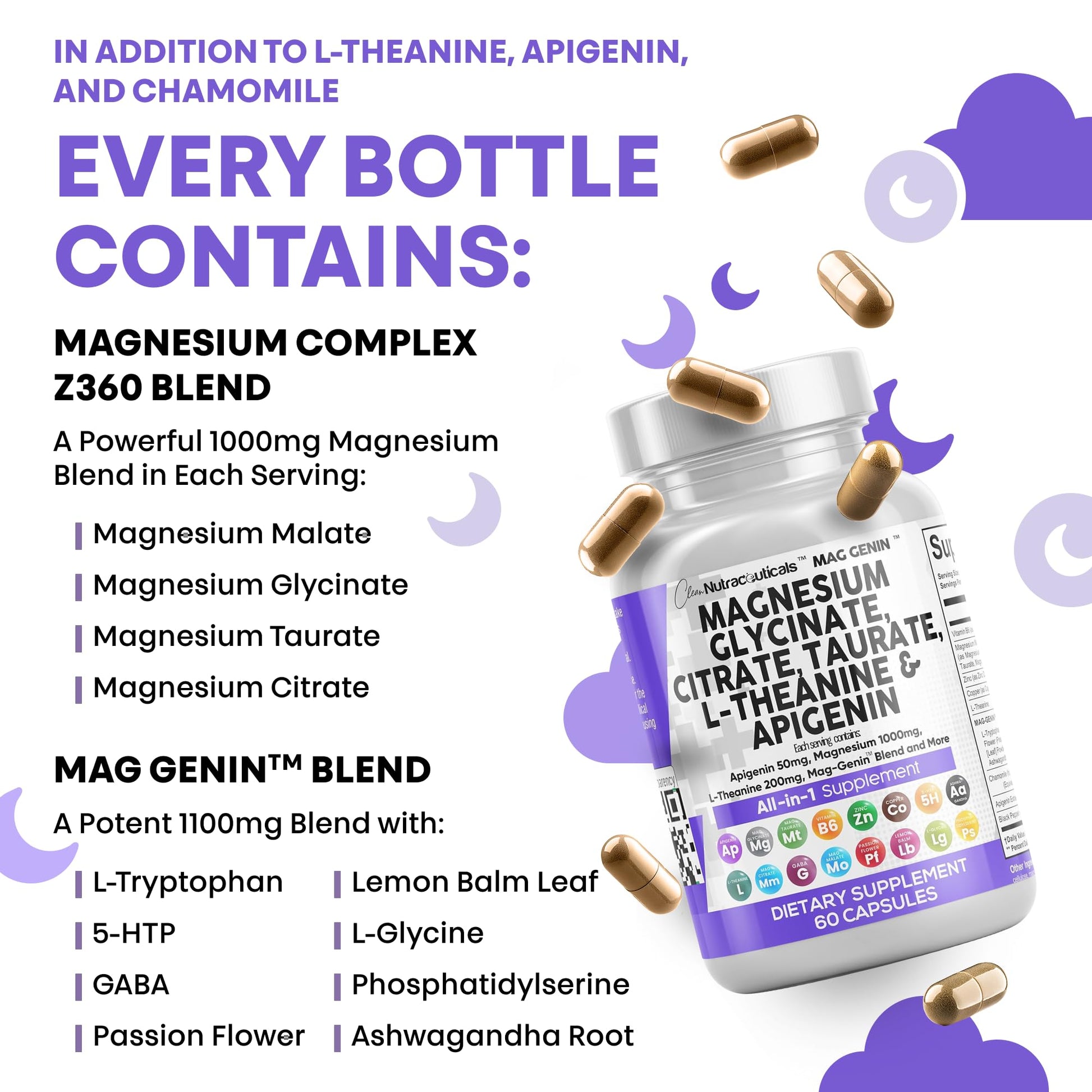 Clean Nutraceuticals Magnesium Glycinate Complex 1000mg with L-Theanine 200mg Apigenin 50mg Citrate Taurate Supplement - 5-HTP GABA Passion Flower Lemon Balm L-Glycine Phosphatidylserine - 60 Count Clean Nutraceuticals Au supplements