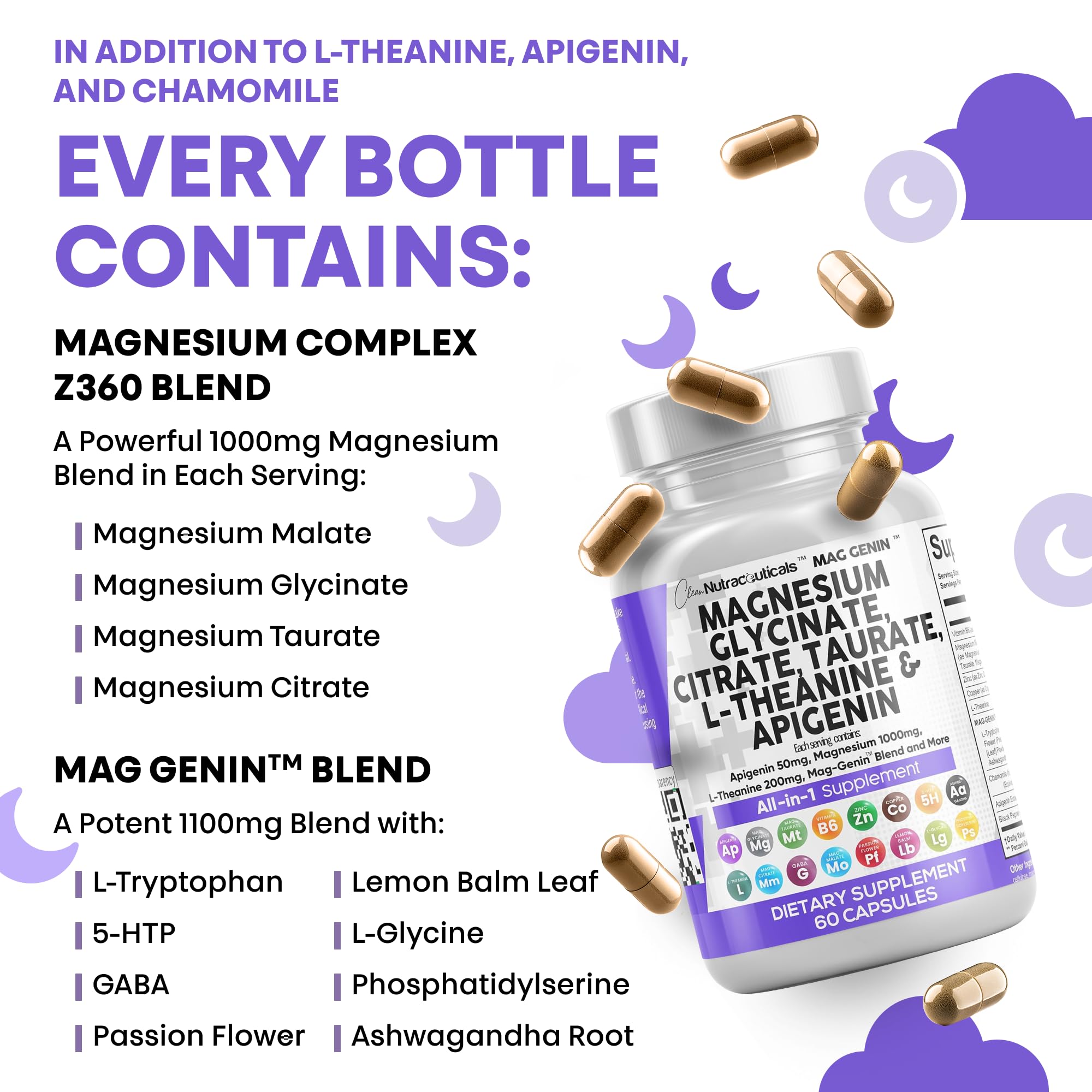 Clean Nutraceuticals Magnesium Glycinate Complex 1000mg with L-Theanine 200mg Apigenin 50mg Citrate Taurate Supplement - 5-HTP GABA Passion Flower Lemon Balm L-Glycine Phosphatidylserine - 60 Count Clean Nutraceuticals Au supplements
