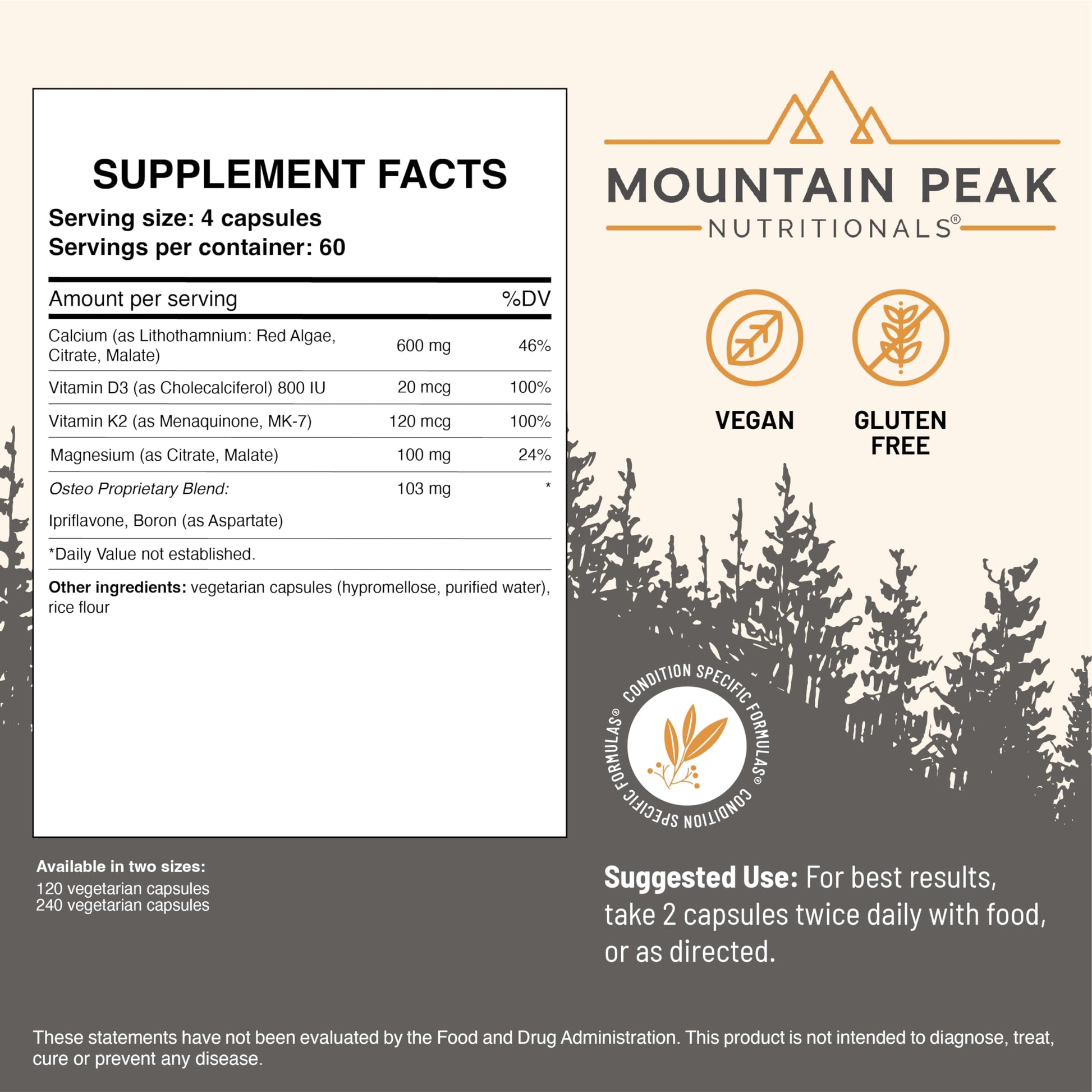 Mountain Peak Nutritionals Osteo Supplement - Organ & Strong Bone Support, Promotes Bone Health - With Vitamins D3, K2, Calcium, and Magnesium - Bone Building & Strengthening (240 Vegetarian Capsules) Mountain Peak Nutritionals Au supplements