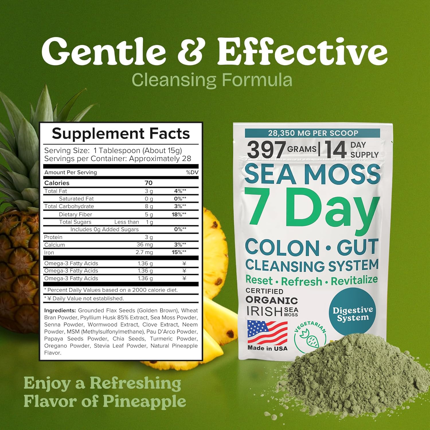 Atlantic Naturals Sea Moss 7-Colon Cleanse Powder | Formulated with Psyllium Husk, Fiber, & Senna Powder | Supports Immune & Gut Health for Women & Men, Pineapple Flavor Drink Mix, 14 oz Atlantic Naturals Au supplements
