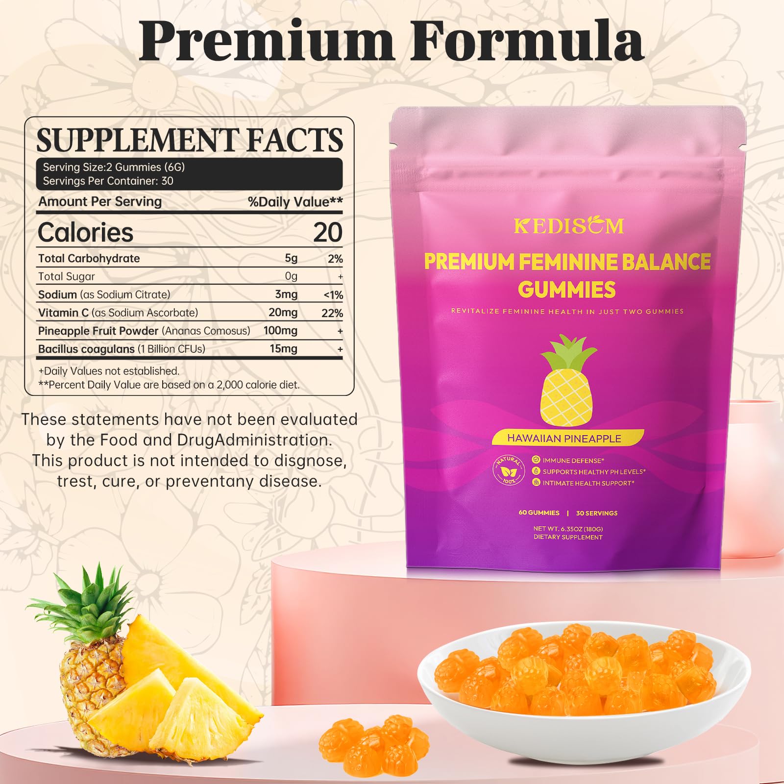 KEDISOM Premium Feminine Balance Gummies - for Women’s Health & Wellness - Immune Support - Vegan, Gluten-Free - Hawaiian Pineapple - 60 Gummies - 30 Servings KEDISOM Au supplements