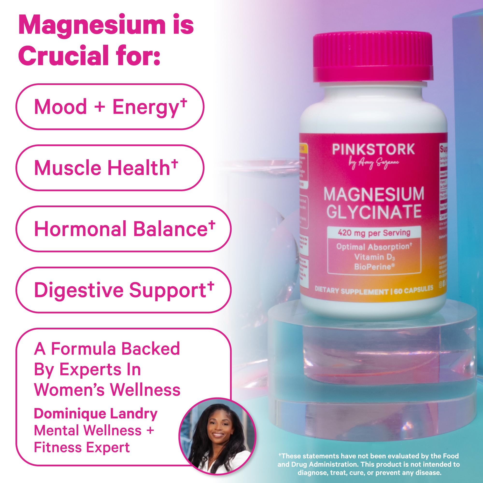 Pink Stork Magnesium Glycinate with Vitamin D - Magnesium Supplement for Women to Support Natural Calm, Mood, and Sleep - Hormone Balance for Women - 60 Capsules, 1 Month Supply Pink Stork Au supplements
