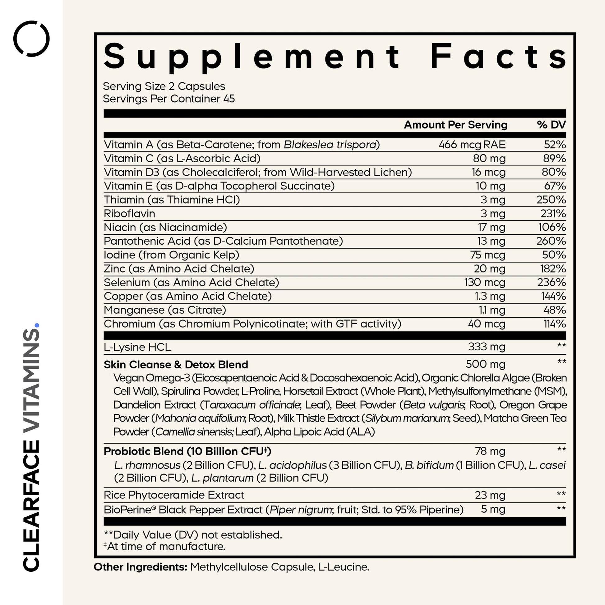 Codeage Clearface Pantothenic Acid, Niacin Supplement, Vitamins A, C, D3, E, Probiotics, Zinc, Riboflavin, Thiamin, L-Lysine HCL & Omega-3, Niacinamide, Skin Botanical Blend - Non-GMO - 90 Capsules Codeage Au supplements