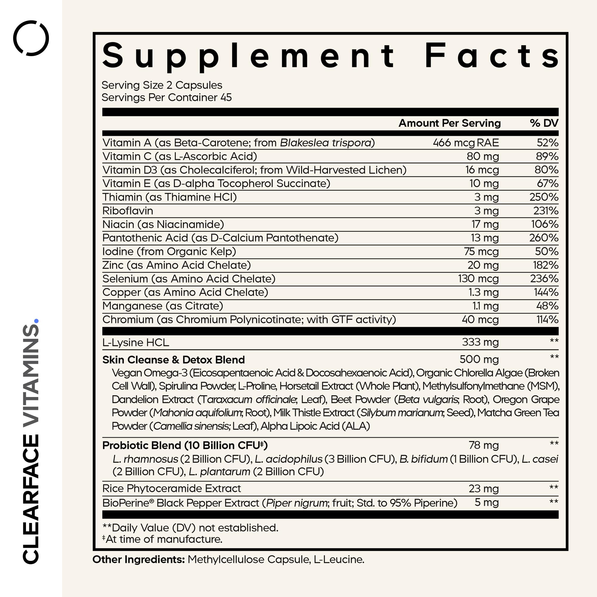 Codeage Clearface Pantothenic Acid, Niacin Supplement, Vitamins A, C, D3, E, Probiotics, Zinc, Riboflavin, Thiamin, L-Lysine HCL & Omega-3, Niacinamide, Skin Botanical Blend - Non-GMO - 90 Capsules Codeage Au supplements