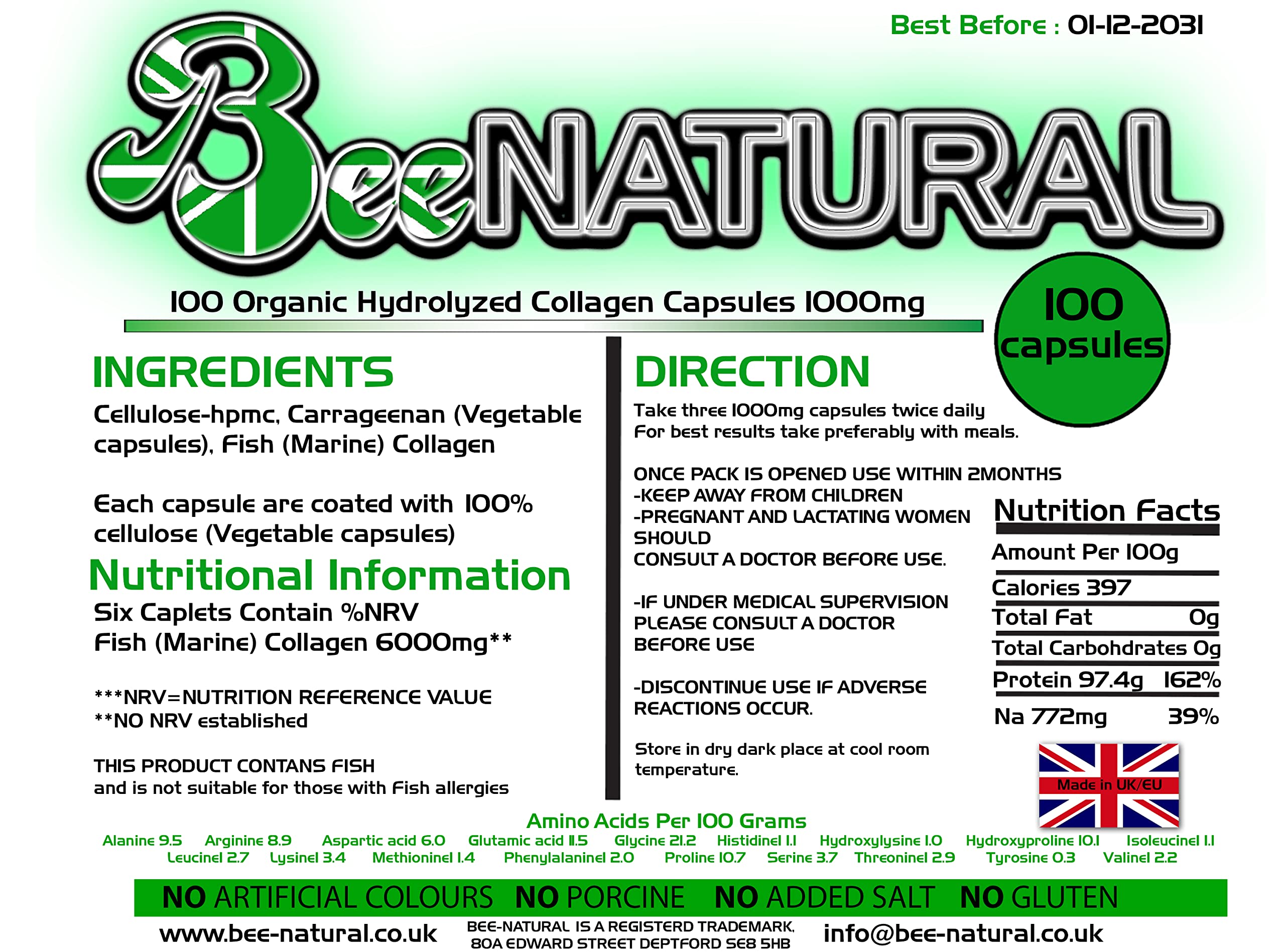 100 Hydrolyzed Collagen Capsules 1000mg Bee-natural Bee-natural Au supplements