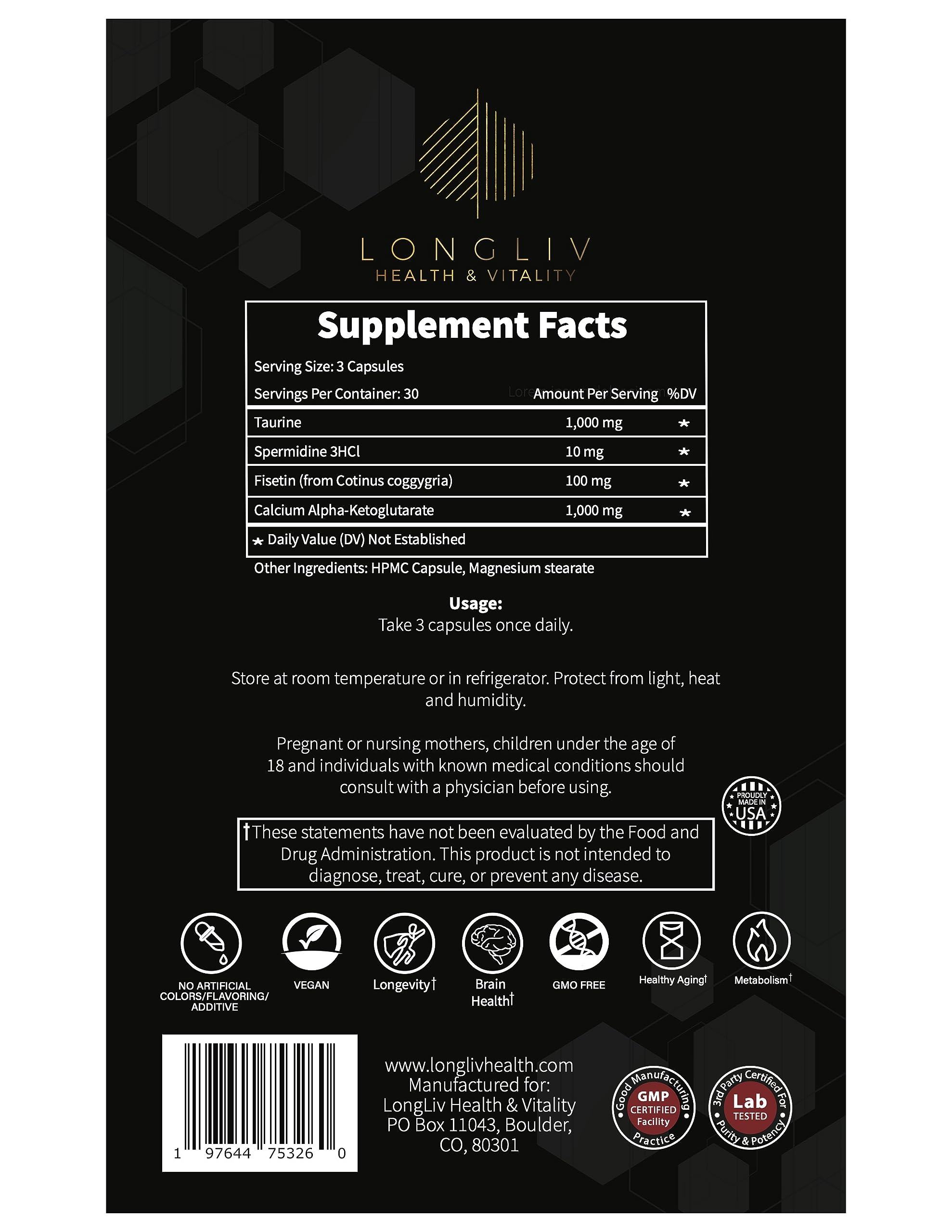 Longevity4Life - Ultimate Cellular Health Supplement - Fisetin, Taurine, Calcium Alpha-Ketoglutarate, and Spermidine Capsules for Longevity and Vitality - Made in USA - Physician Formulated LongLiv Health and Vitality Au supplements