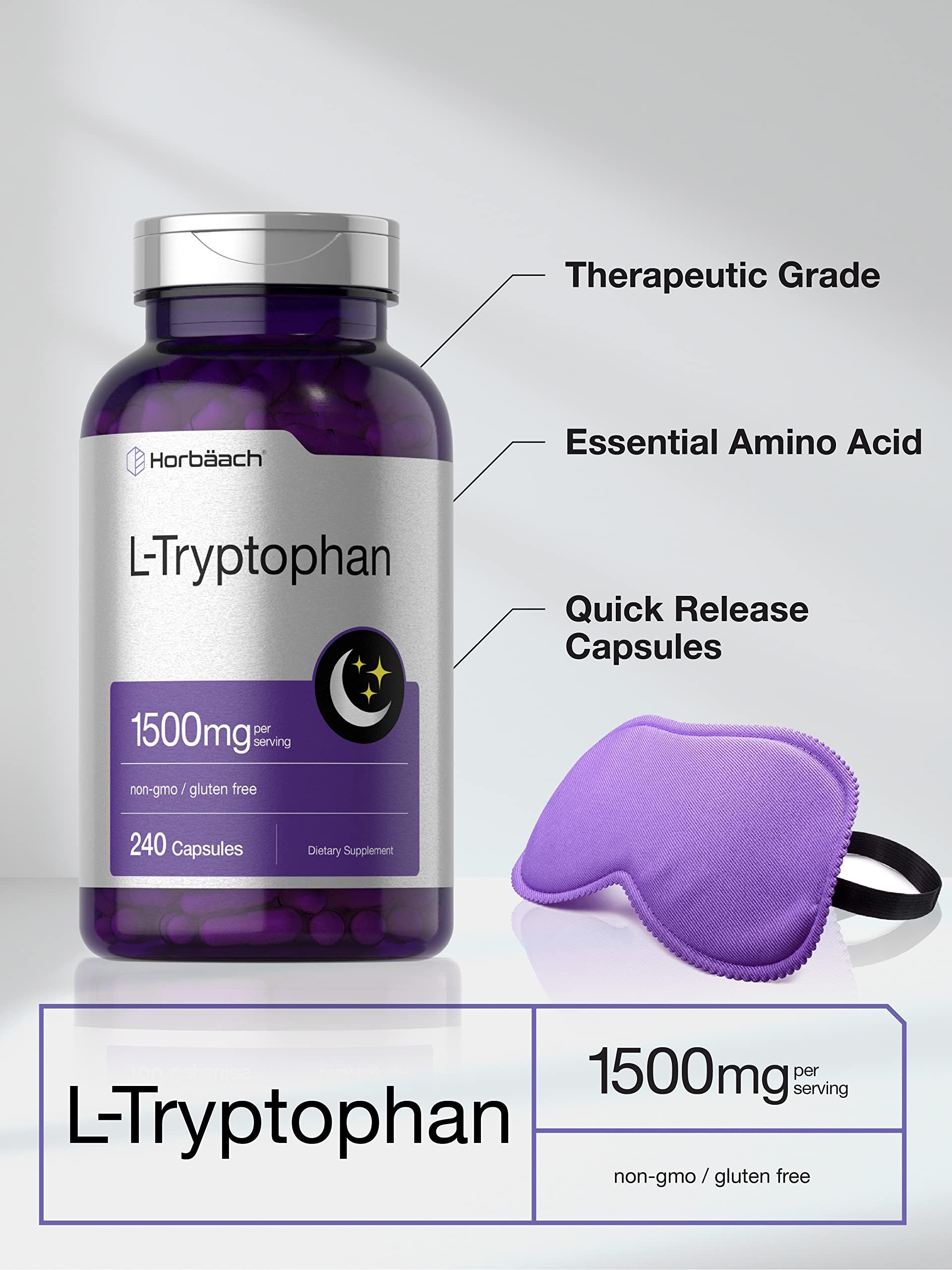 L Tryptophan 1500mg Capsules | 240 Count | Nighttime Formula | Non-GMO, Gluten Free Horbäach Au supplements