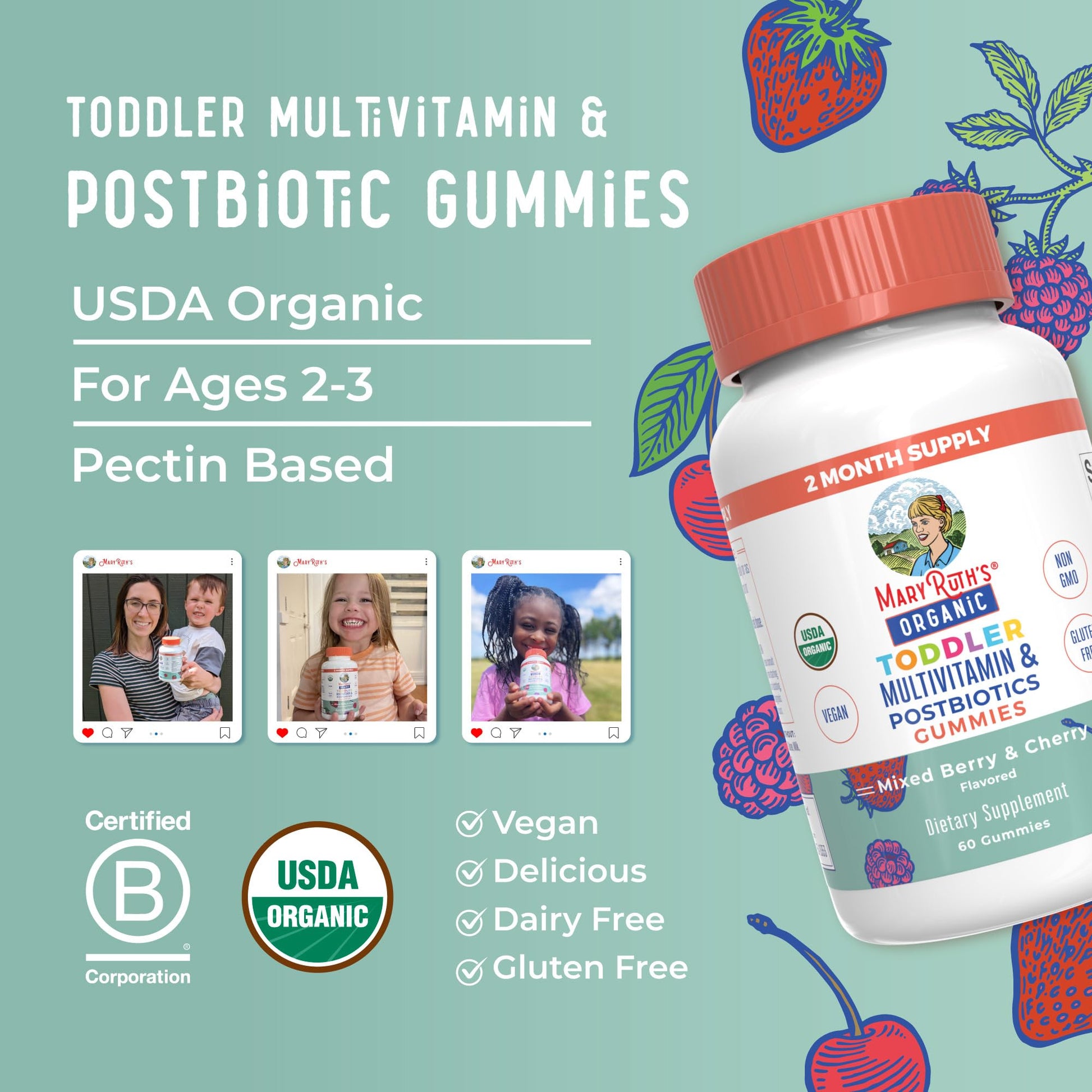 MaryRuth Organics Toddler Multivitamin Gummies + Postbiotics | USDA Organic | Vitamins for Kids Ages 2+ | Immune Support | Vitamin C | Vitamin D3 | Vitamin A | Zinc | Vegan | Non-GMO | 60 Servings MARYRUTH'S Au supplements