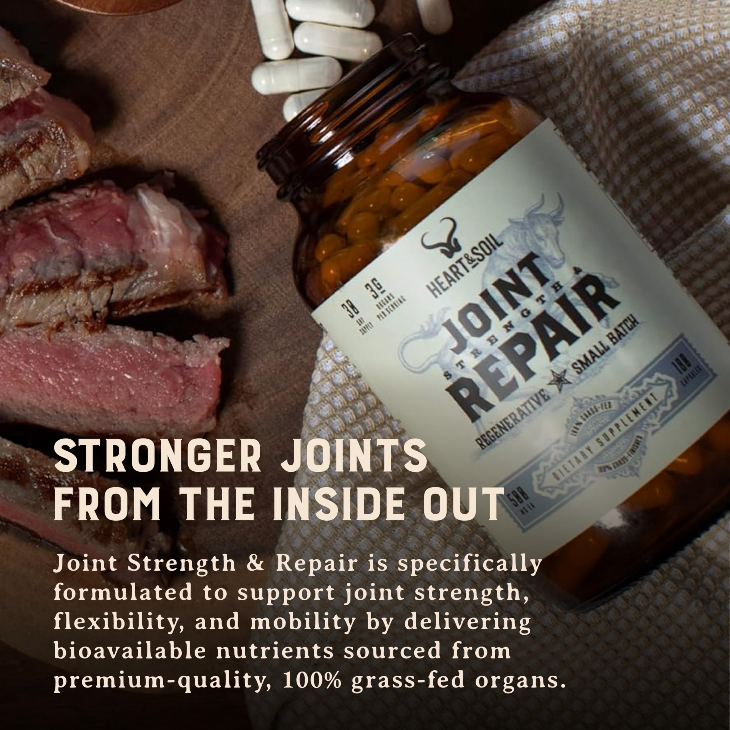 Heart & Soil 100% Grass Fed & Finished Joint Support Supplement from Regenerative Cattle with Trachea, Scapula & Bone Marrow – Supports Joint Strength & Mobility – 3000mg – Glass Bottle – 180 Capsules HEART & SOIL Au supplements