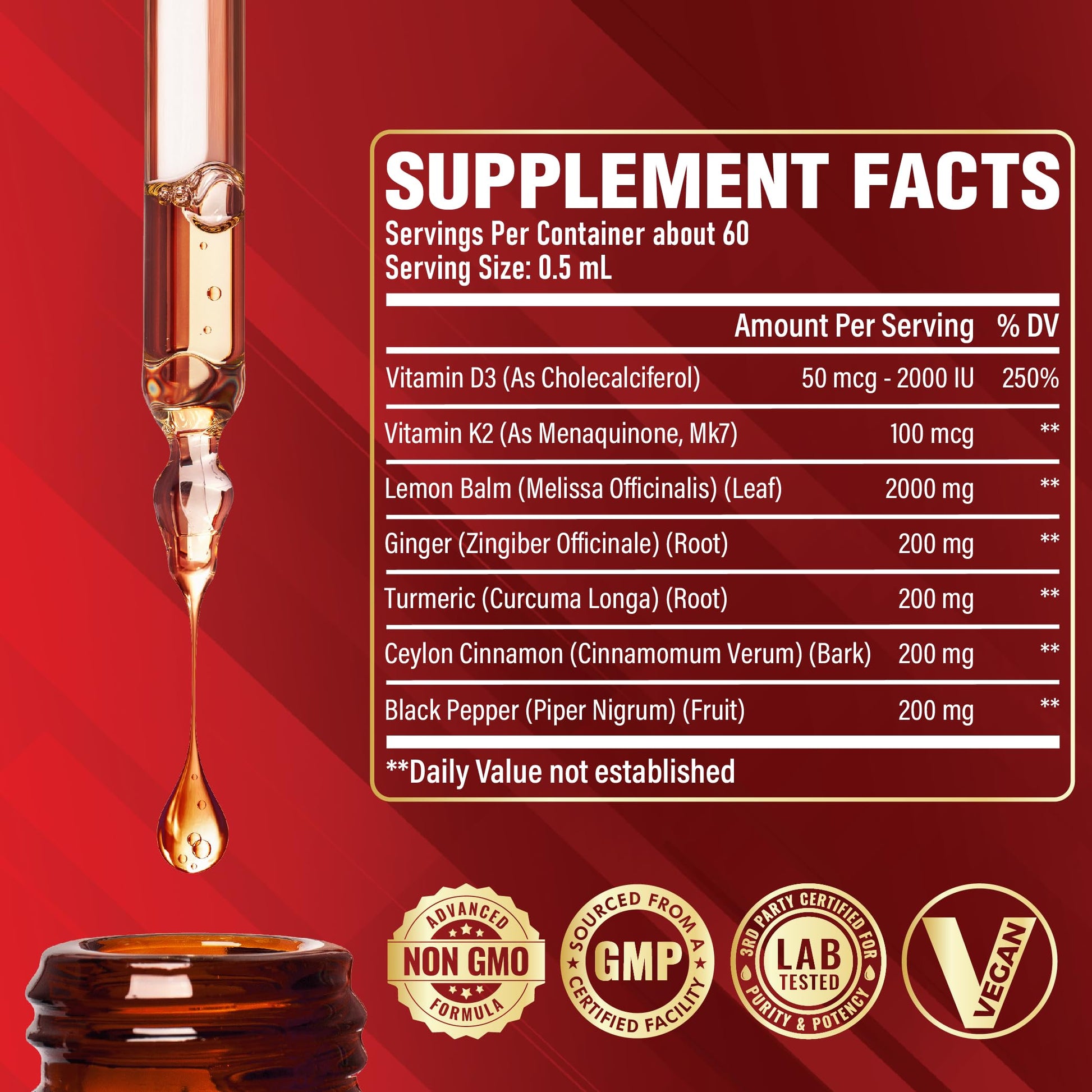 Satoomi 7in1 Lemon Balm Tincture with Vitamin D3, Vitamin K2, Ginger Root, Turmeric, Ceylon Cinnamon and Black Pepper - 1 FL Oz - 60 Day Supply Satoomi Au supplements
