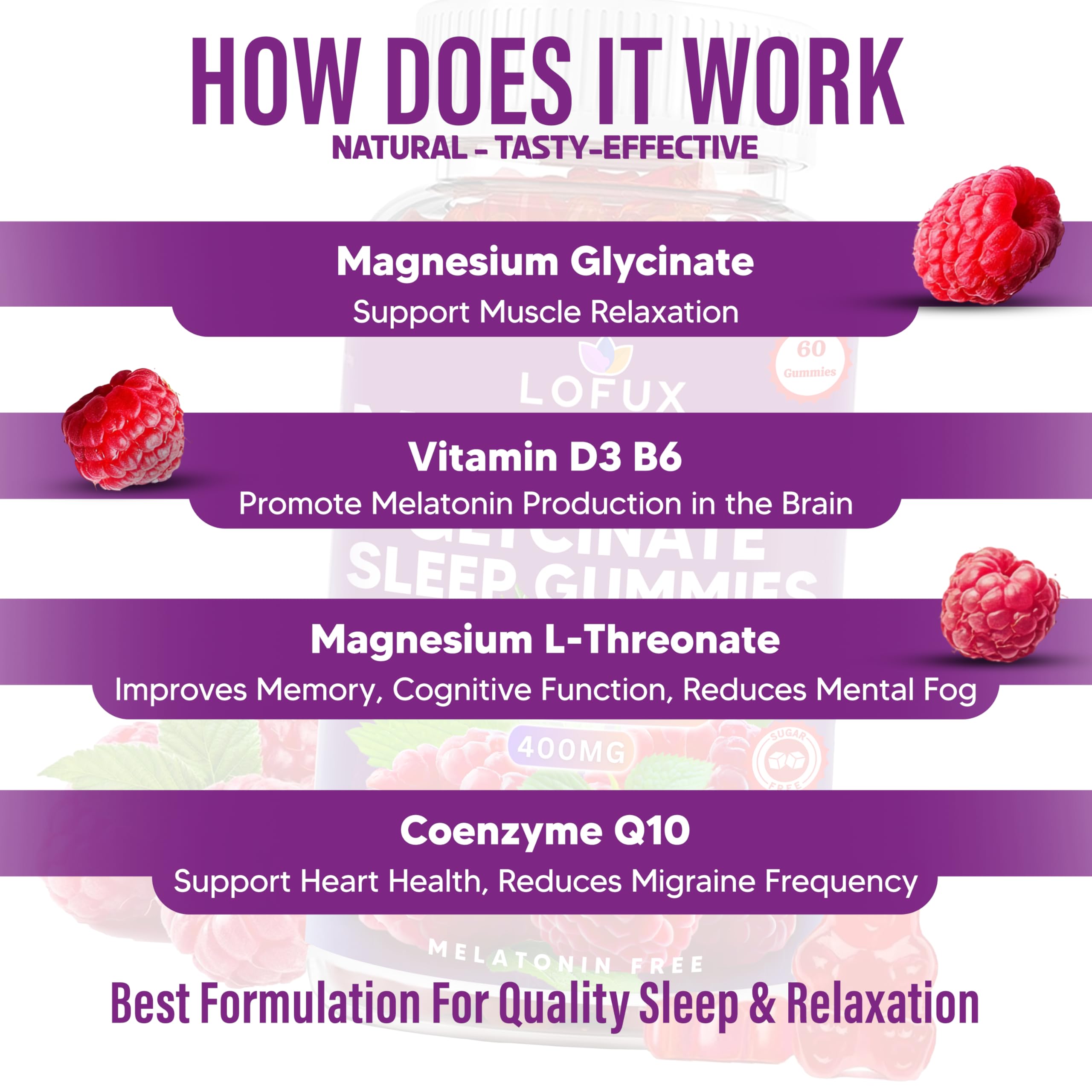 Lofux Magnesium Glycinate Gummies 400mg, Sugar Free Magnesium Gummies for Adults Women, Men, Chewable Supplement Gummy with L-Threonate, Vitamin D, B6, CoQ10 - for Calm, Sleep, Body Relaxation, 120 Ct Lofux Au supplements