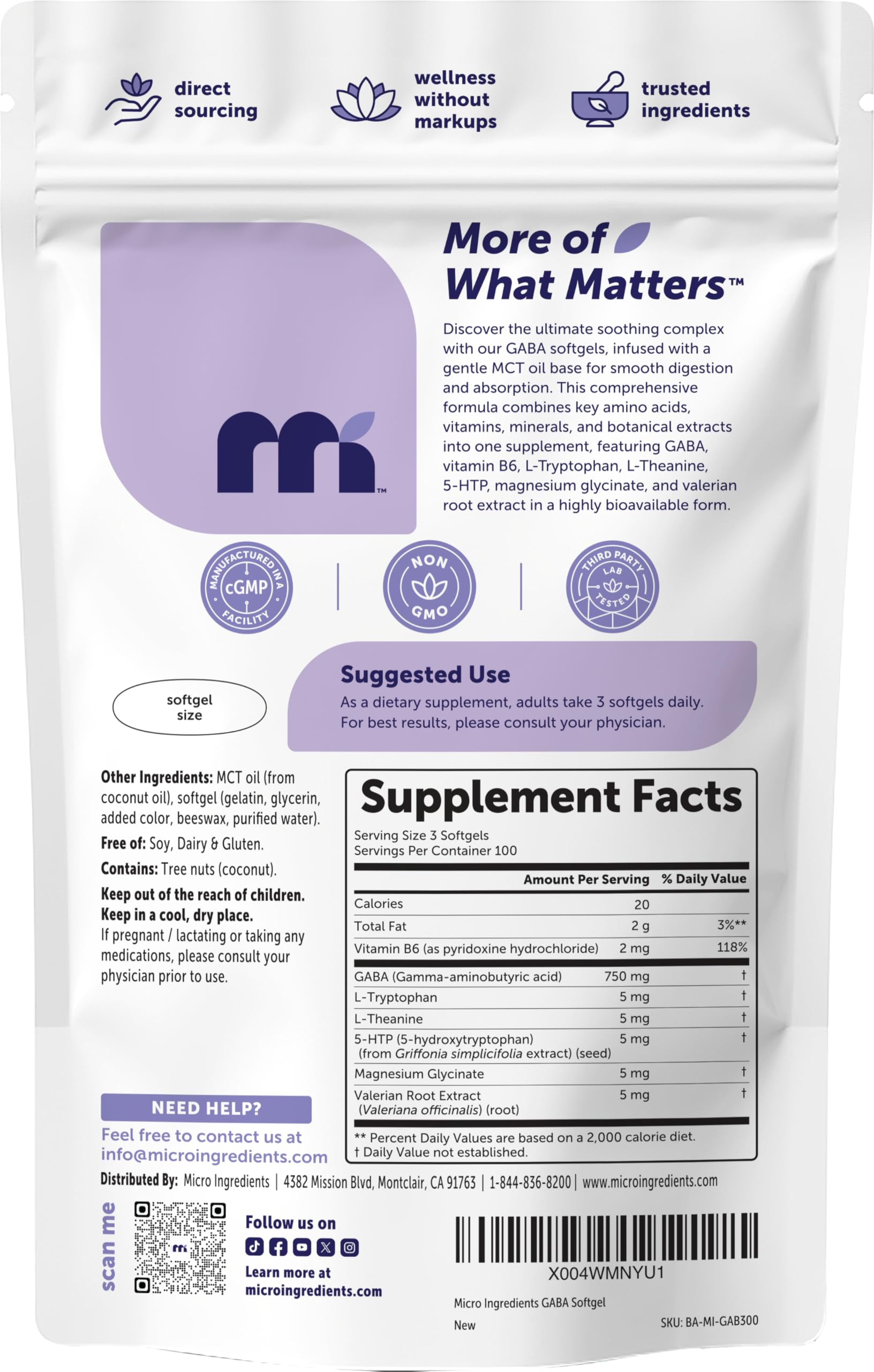 Micro Ingredients GABA 750 mg with MCT Oil, 300 Softgels | Gamma Aminobutyric Acid with Vitamin B6, 5-HTP, L-Theanine, L-Tryptophan & Magnesium Glycinate | Non-GMO, cGMP Manufactured Micro Ingredients Au supplements