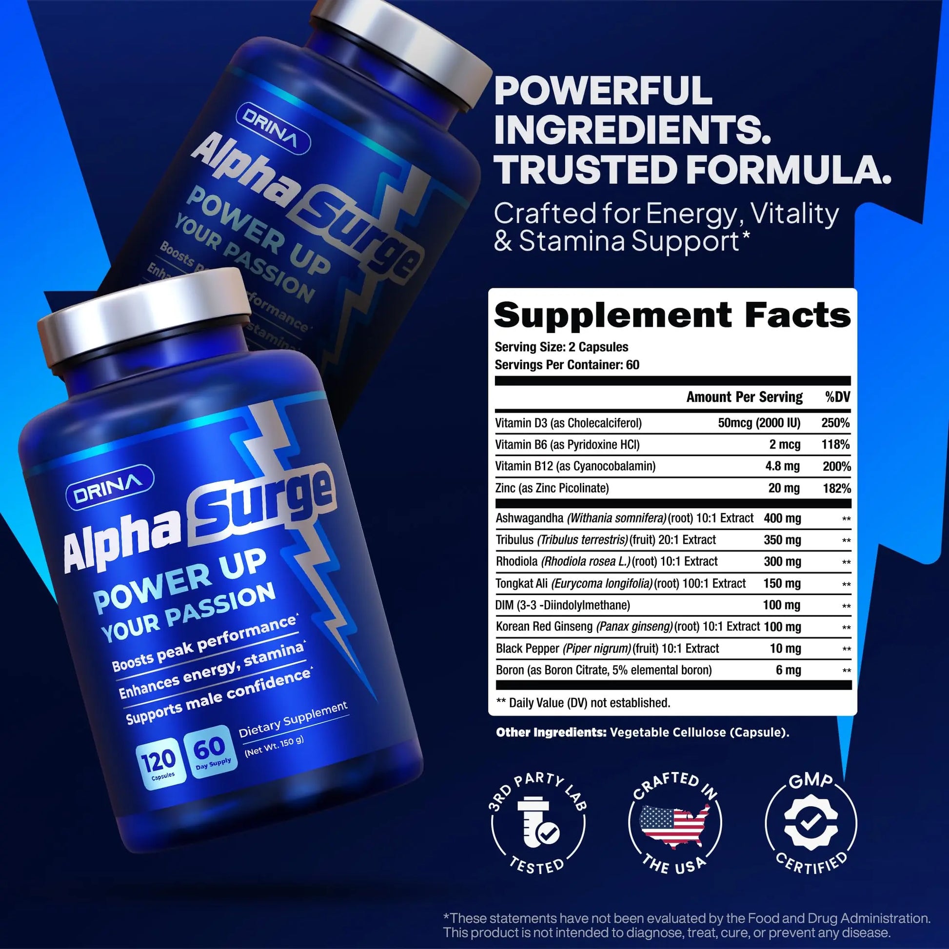 Pills for Men Fast Acting - Male Enhancing Supplement Testosterone Booster - Blood Flow, Libido, Size, Girth, Hardness, Stamina, Enlargement, Growth - Natural Performance Enhancer - 2 Month Supply DRINA Au supplements