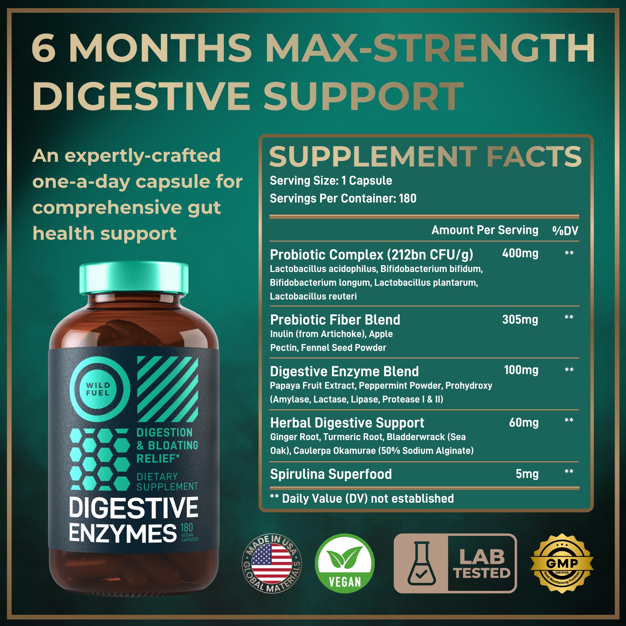 Digestive Enzymes for Women and Men with Probiotics and Prebiotics - Vegan Digestive Enzyme Blend - Bloating Support, Gut Health & Digestion Supplement with Artichoke Ginger Turmeric - 180 Capsules WILD FUEL Au supplements