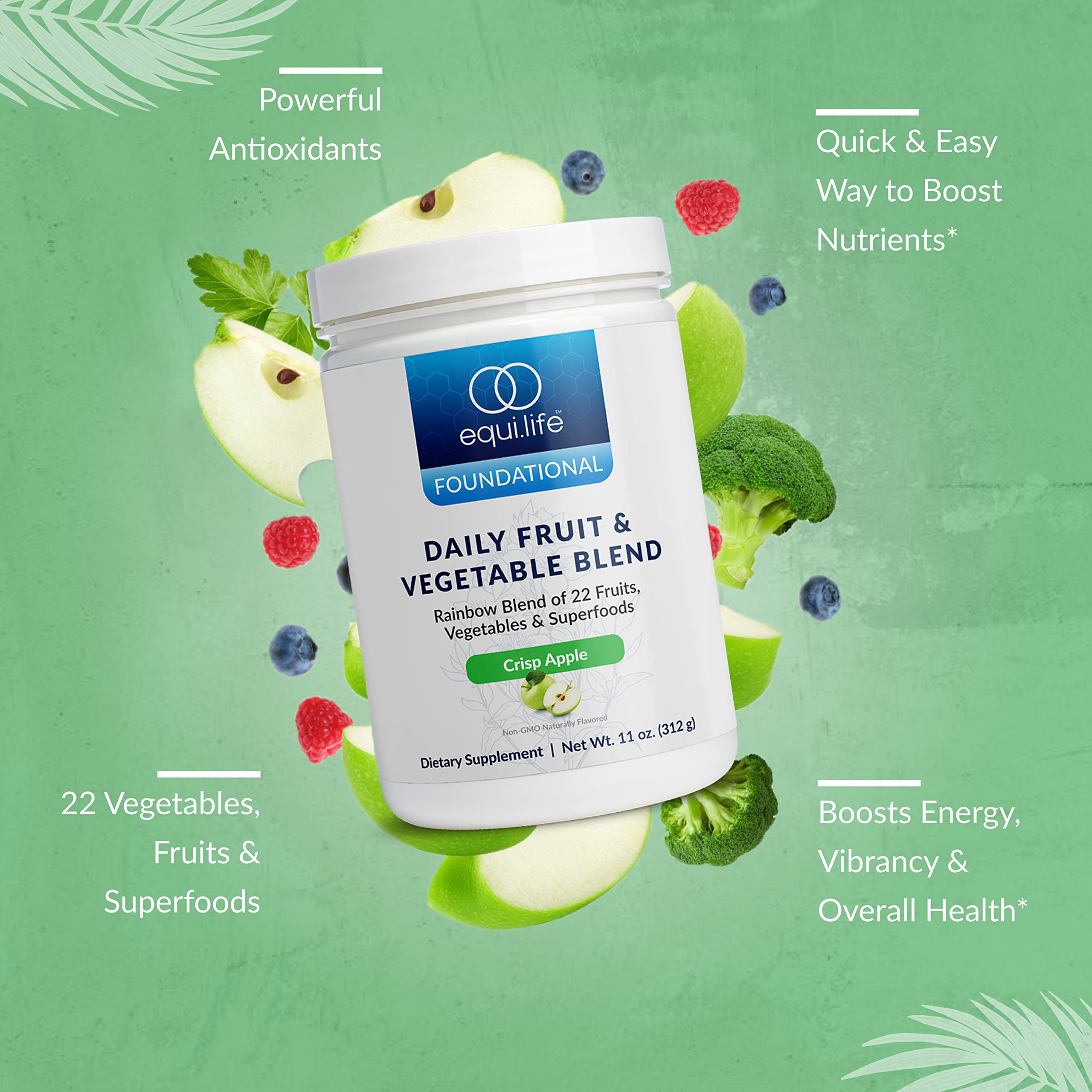 Equilife Daily Fruit & Vegetable Blend, Superfood Antioxidant Supplement, Crisp Apple Flavor with Vitamin C, Fiber, and 9 Essential Amino Acids, Supports Energy, Low Sugar, Vegan, 30 Servings Tub Equilife Au supplements