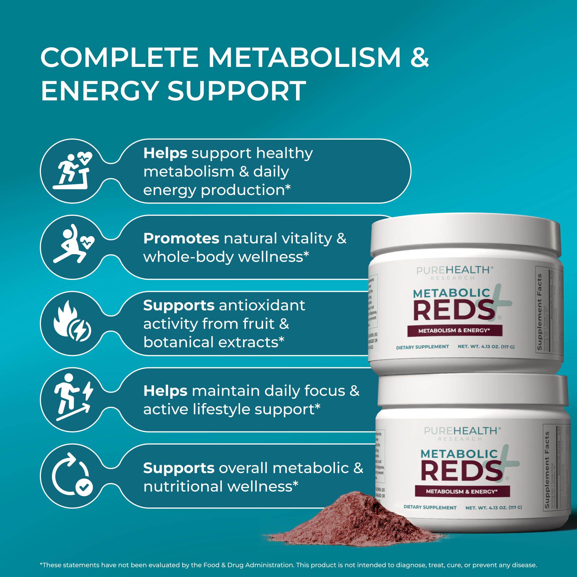 PUREHEALTH RESEARCH Metabolic Reds - Organic Superfood Powder Supplement - Fruit, Veggie, Adaptogenic, Probiotic Blends & More - for Metabolism & Energy Support - 4.13 Oz. - 30 Servings PUREHEALTH RESEARCH Au supplements