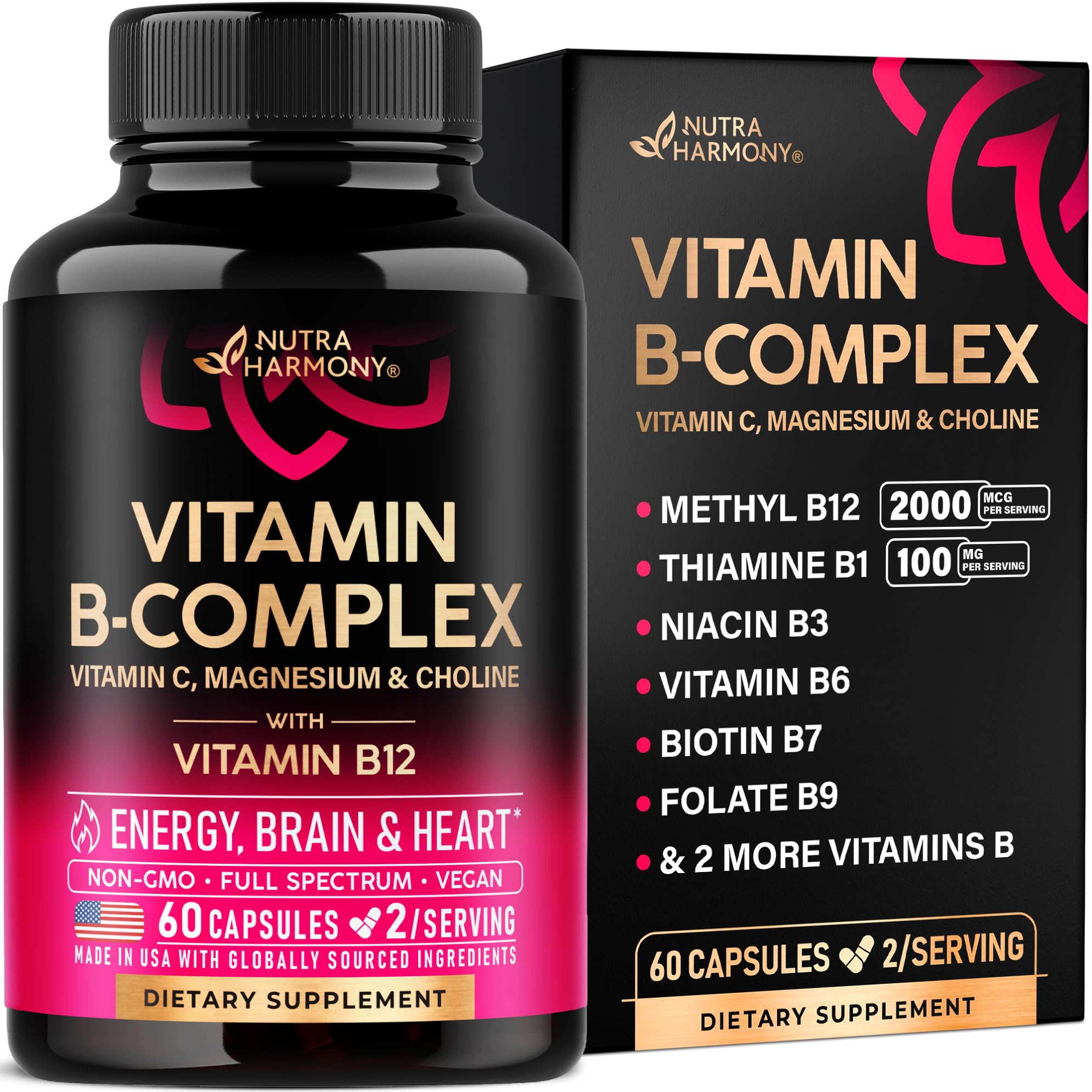 Vitamin B Complex for Men & Women - Riboflavin B2, B12, B1, B3, B5, B6, B7, B8, B9 | Vitamin C, Choline, Inositol - B-Complex Supplement - Energy, Brain & Heart Support - Made in USA, 60 Vegan Caps NUTRAHARMONY Au supplements
