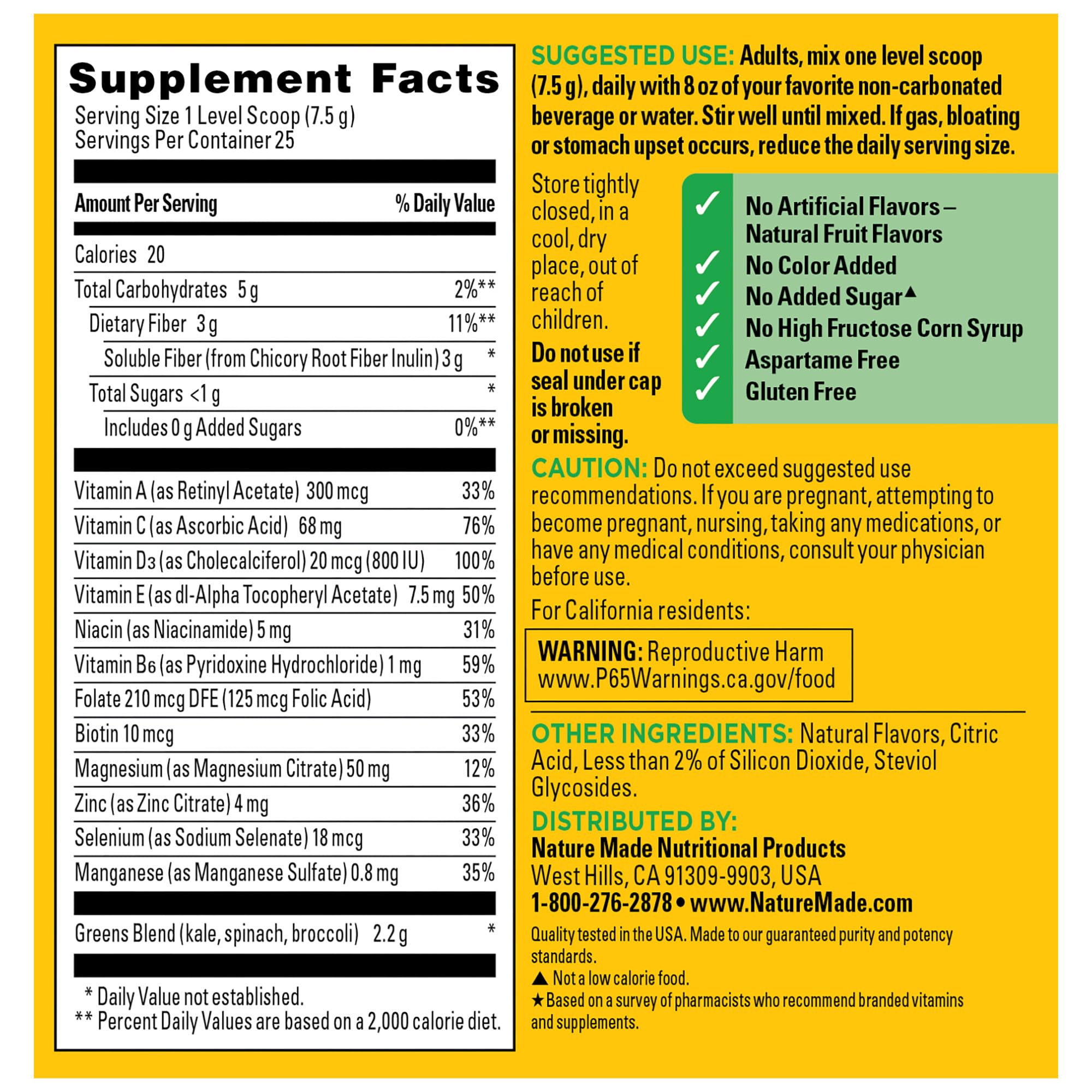 Nature Made Super Greens Powder with Prebiotic Fiber Drink Mix, Made with 1 Cup Veggies Per Serving, Fiber Supplement + Vitamins and Minerals, 25 Day Supply Nature Made Au supplements