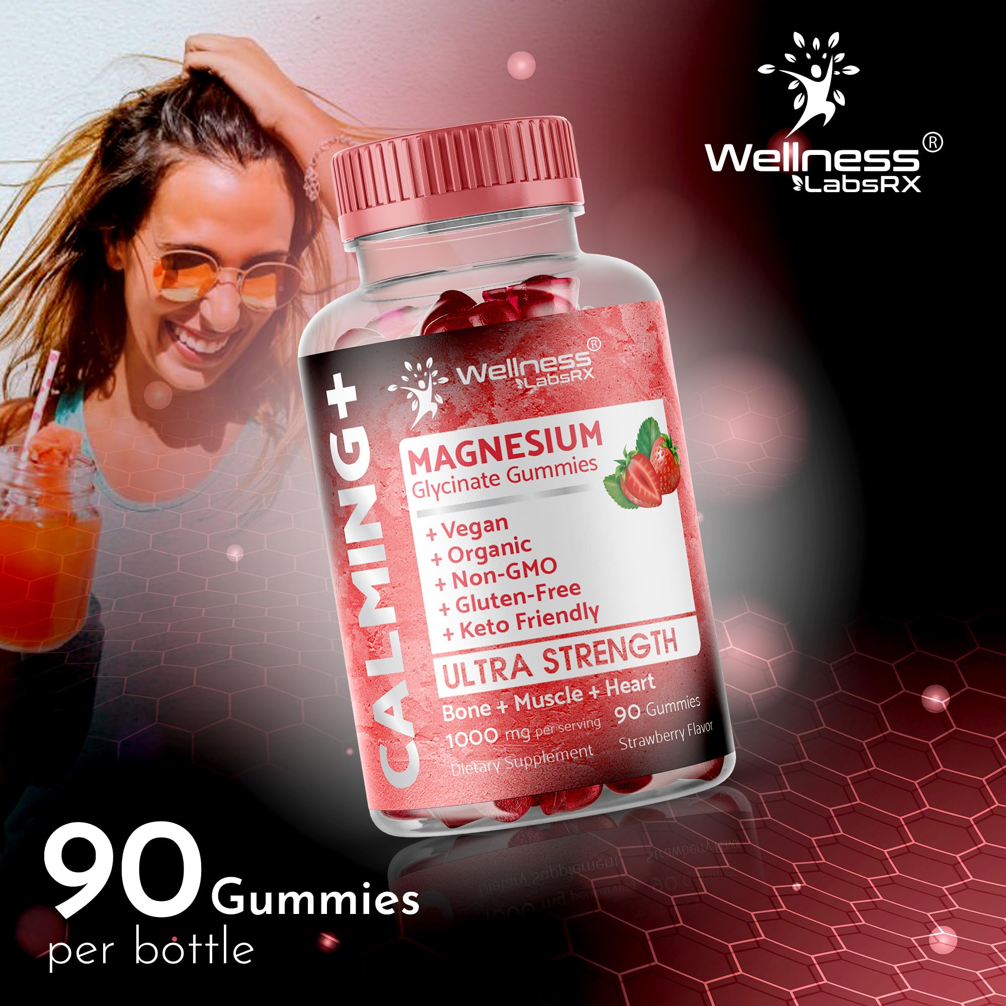 Magnesium Glycinate Gummies, 1000 mg - Magnesium Supplement to Support Relaxation, Heart Health - Chewable Calm Magnesio Gummies for Adults, Glicinato De Magnesio - Strawberry Flavor WELLNESS LABSRX Au supplements