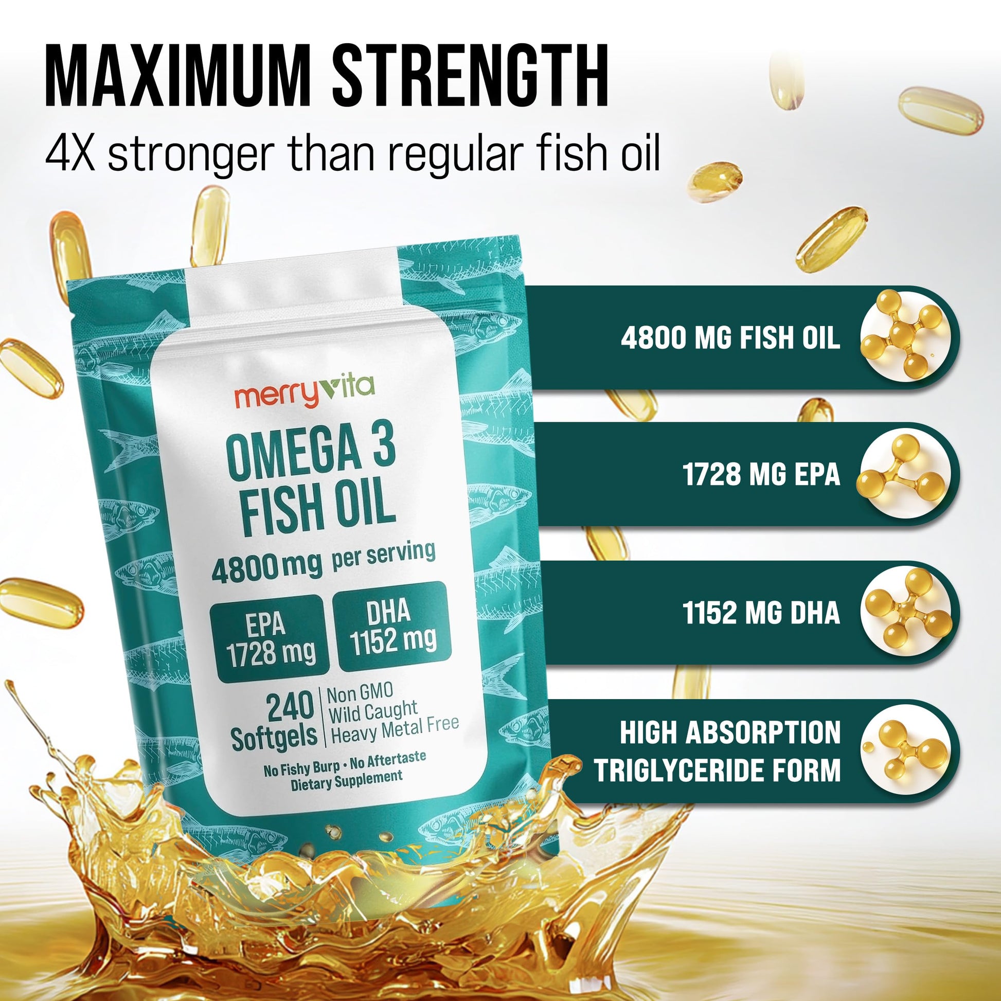 Omega 3 Fish Oil 4800 mg – EPA 1728 mg | DHA 1152 mg from Wild-Caught Anchovies – Burpless Mini Softgels – Pure Omega-3 Fatty Acid Supplement – Non-GMO, Gluten-Free, No Aftertaste – 240 Capsules MERRY VITA Au supplements