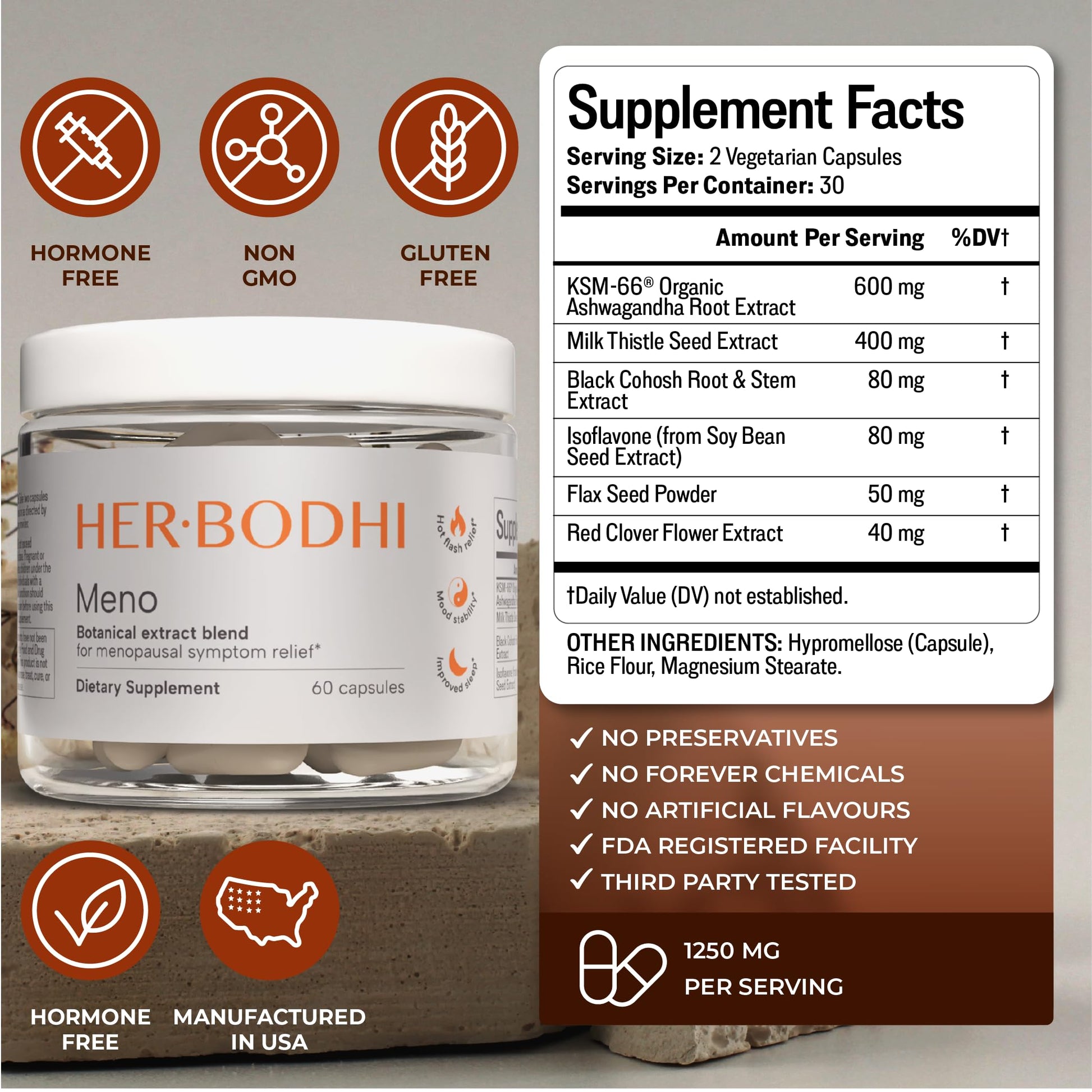 Her Bodhi Meno- Menopause Hormonal Balance for Women, Estrogen Soy Isoflavones Menopause Supplement for Women | with Ashwagandha & Black Cohosh | Hot Flashes Menopause Relief (60 Capsules) Her Bodhi Au supplements