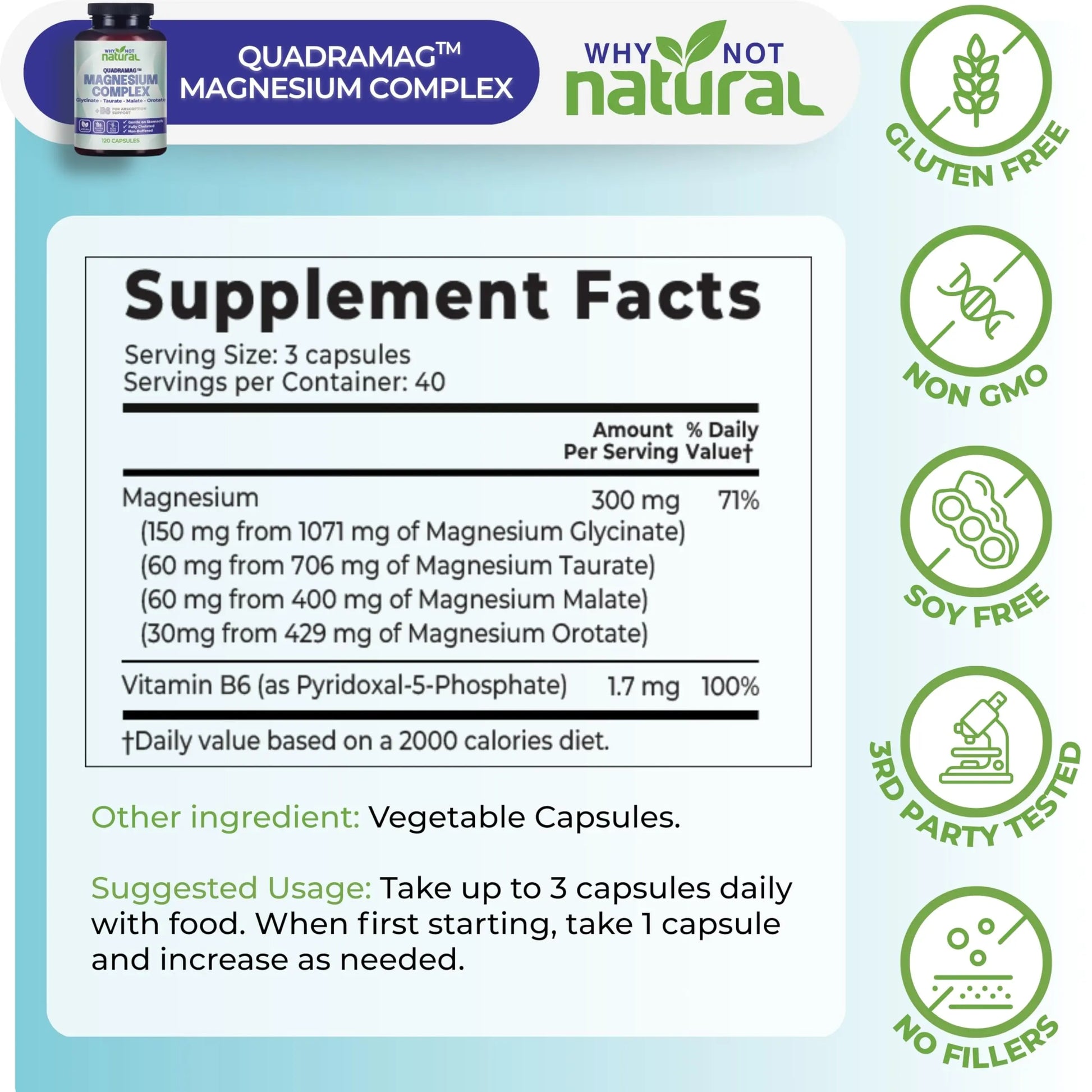 4-in-1 Magnesium Complex Supplement - Glycinate, Taurate, Malate, Orotate Blend - 300 mg per Serving, 120 Capsules Why Not Natural Au supplements