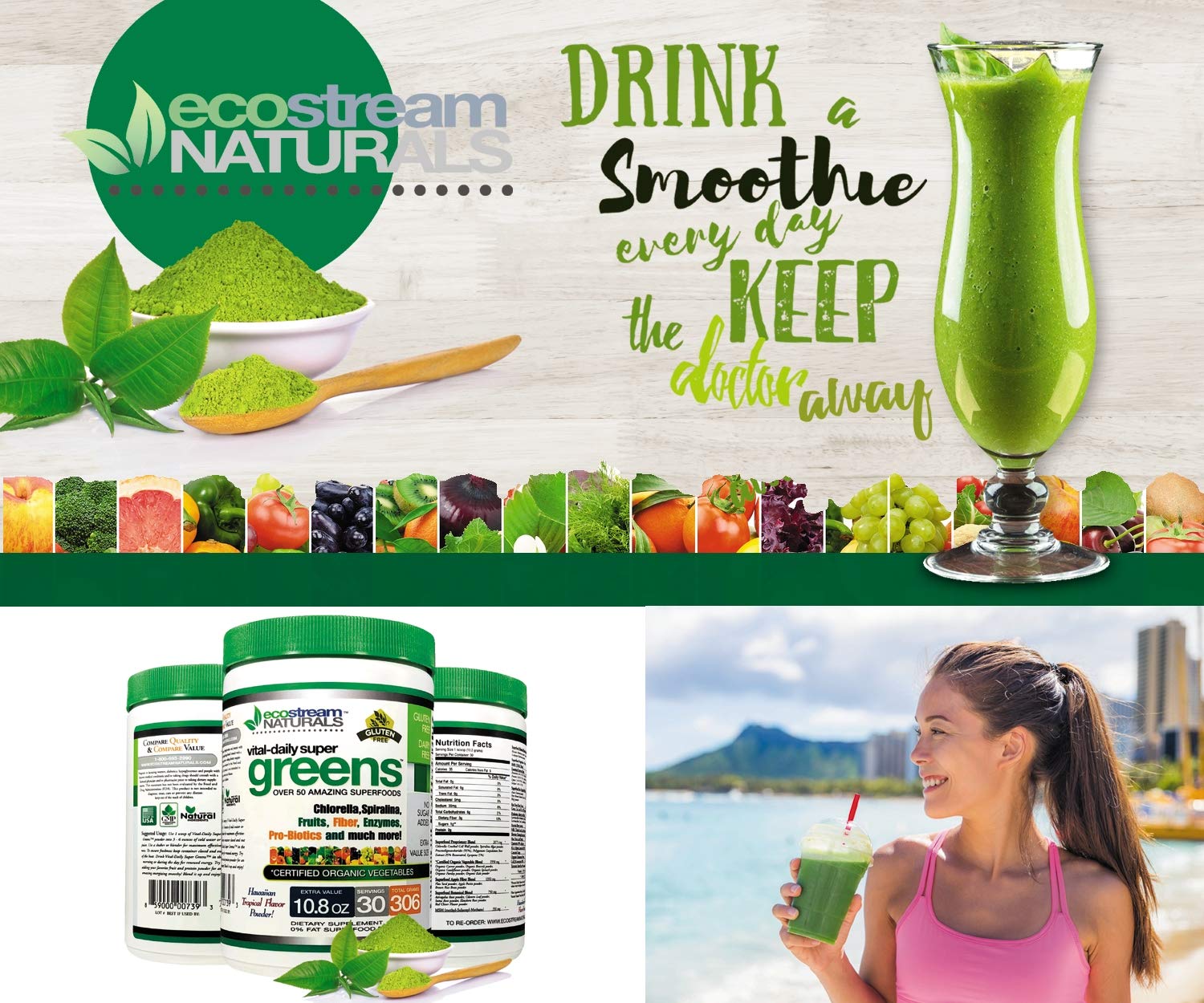 ecostream Naturals Vital First Daily Greens Superfood Powder 50 Whole Super Foods with Spirulina, Chlorella, Flax Seed, Fiber and Enzymes with Organic Greens - 30 Servings ecostream Naturals Au supplements