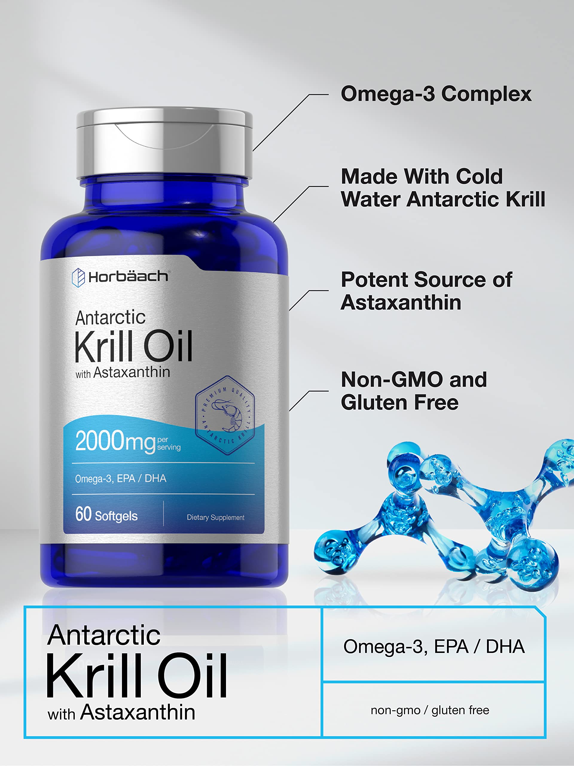 Horbäach Antarctic Krill Oil 2000mg | 60 Softgel Capsules | Omega-3, EPA, DHA Supplemen Horbäach Au supplements