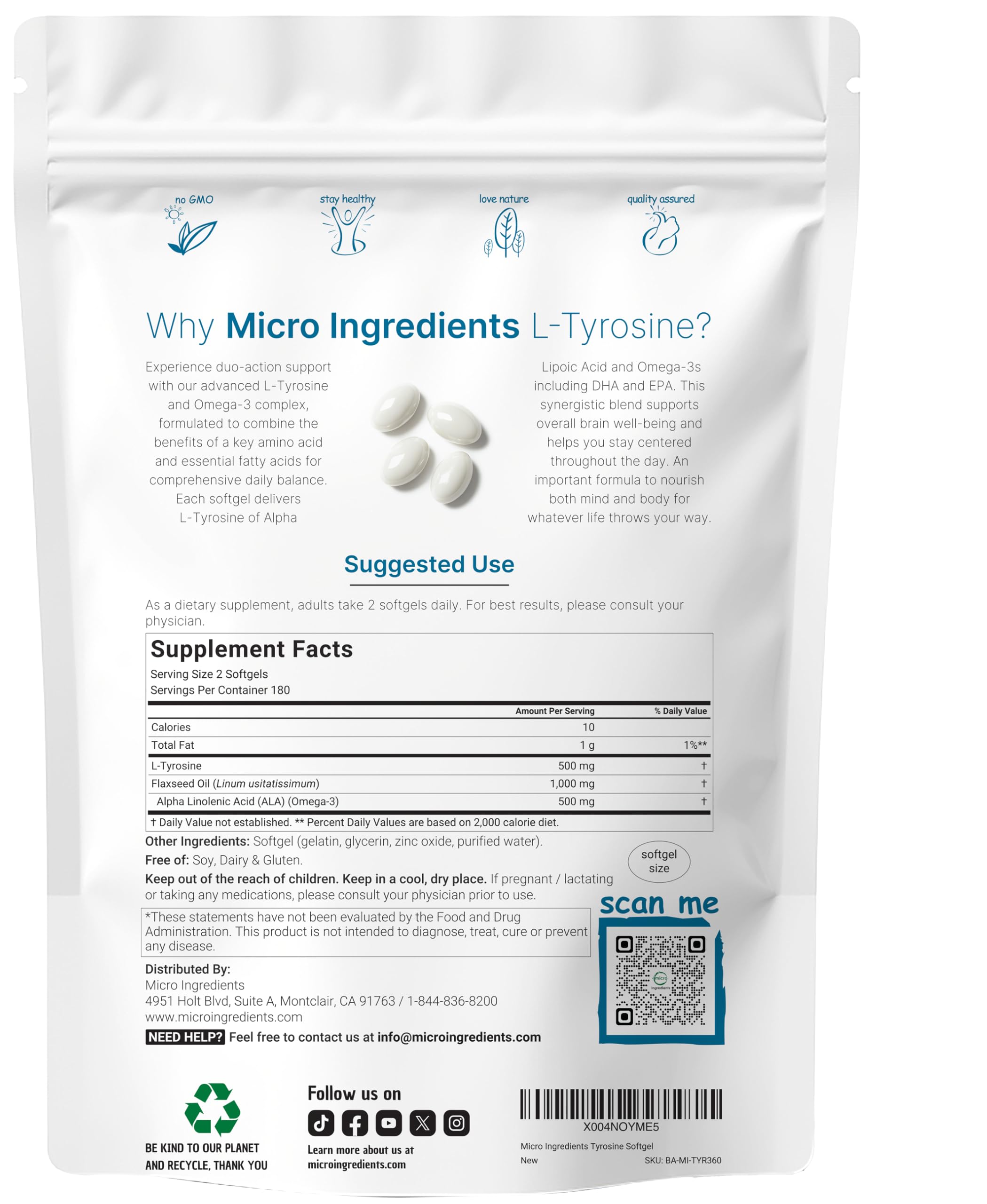 L Tyrosine Supplement 500mg with Omega-3, 360 Softgels | Duo Action Amino Acids + Omega from Flaxseed Oil 1,000mg with ALA | Heart and Mood Support | Brain Supplements for Memory and Focus | Non-GMO Micro Ingredients Au supplements