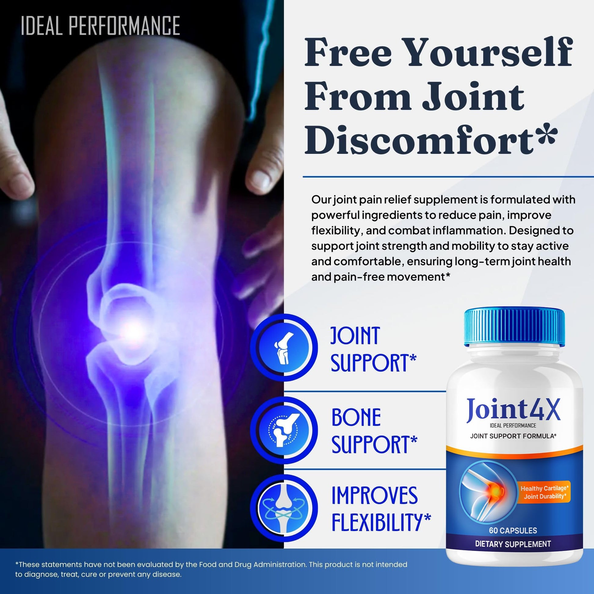Joint4X Joint Support Capsules, Official Joint-4X Supplement Pills, All-Natural Formula to Fortify Bones and Bolster Flexibility - Maximum Strength, Joint 4X Pills Reviews (60 Capsules) IDEAL PERFORMANCE Au supplements