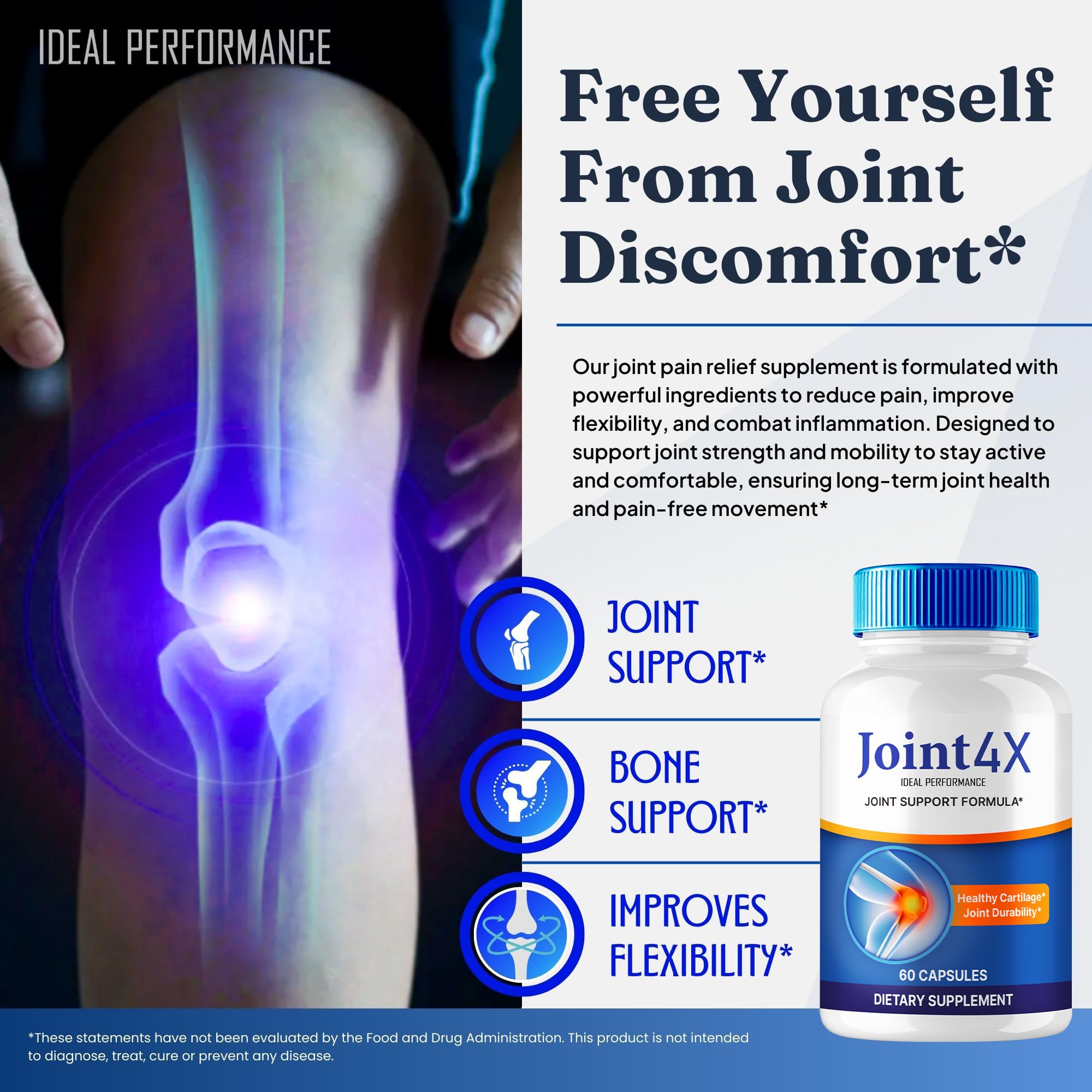 Joint4X Joint Support Capsules, Official Joint-4X Supplement Pills, All-Natural Formula to Fortify Bones and Bolster Flexibility - Maximum Strength, Joint 4X Pills Reviews (60 Capsules) IDEAL PERFORMANCE Au supplements