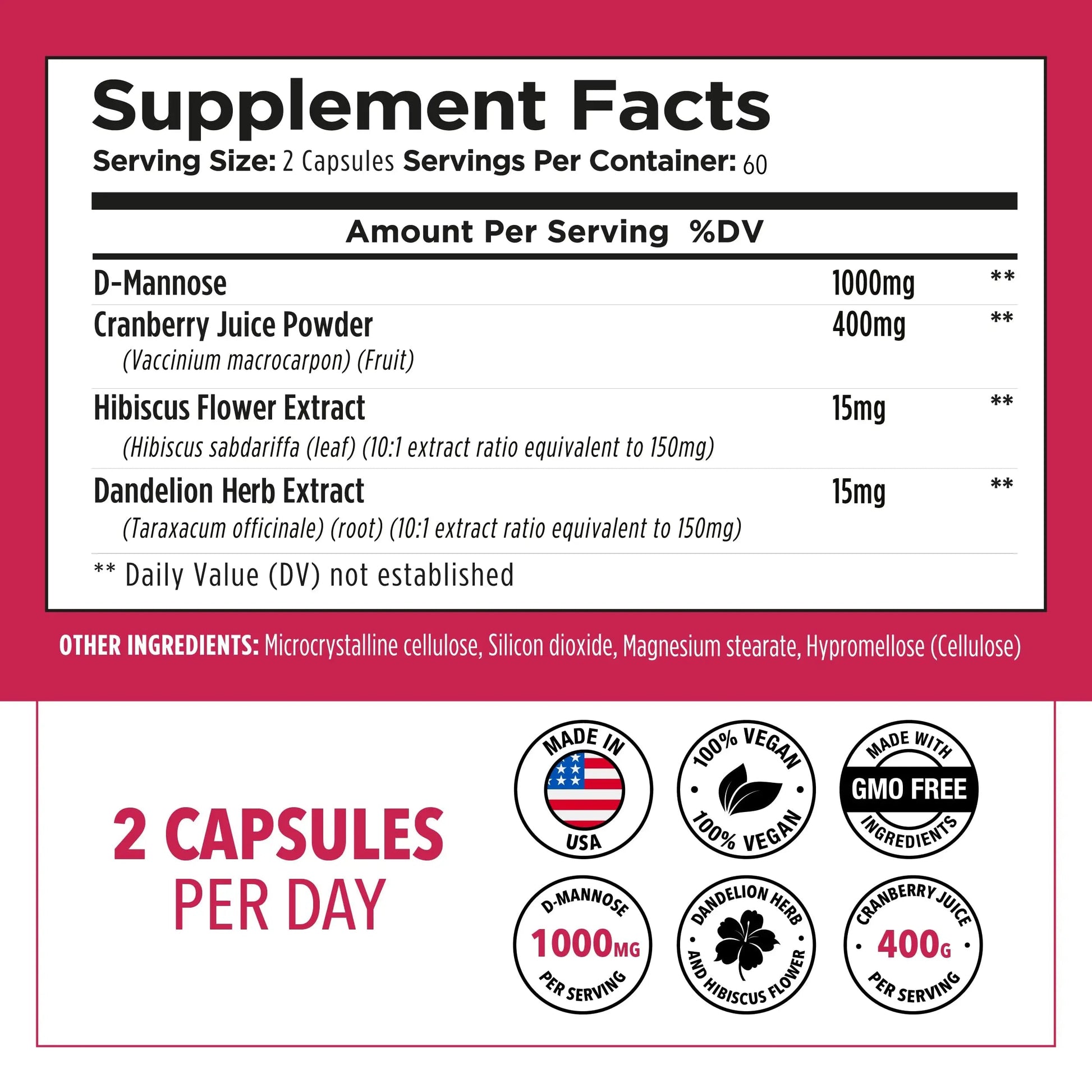 Plantvital D Mannose Capsules with Cranberry - D-mannose 1000mg Capsules - High Potency for Bladder, Kidney and Urinary Tract Support. Cranberry Powder with Hibiscus and Dandelion. 2 Months Supply Plantvital Au supplements
