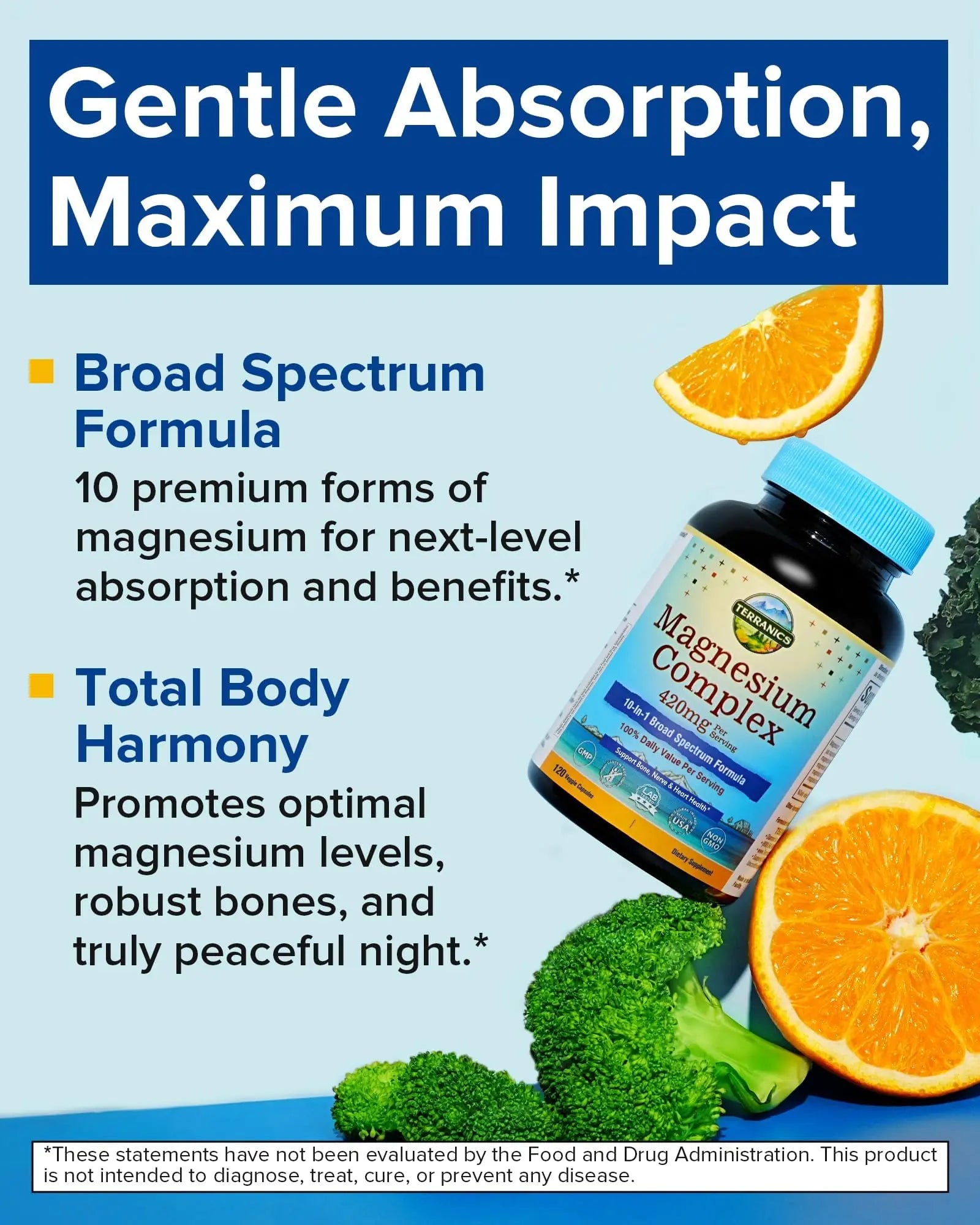 Terranics Magnesium Complex Supplement 420mg, 10-in-1 Full-Spectrum Formula, Glycinate, Citrate, Malate & More, Max Absorption, Bone and Heart Support, 120 Veggie Caps Terranics Au supplements