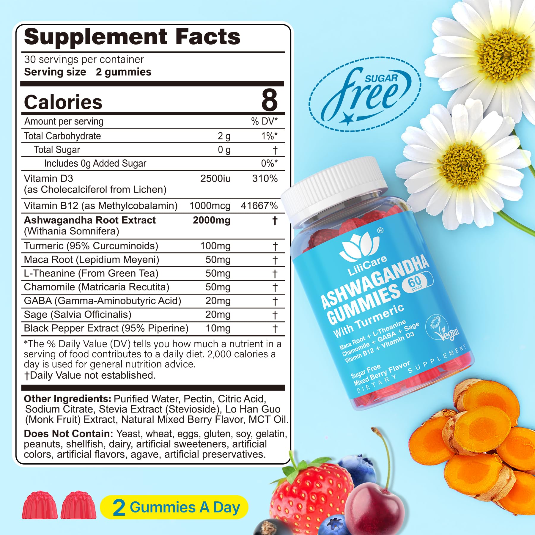 Ashwagandha Gummies 2000mg for Women Men - Sugar Free, Vegan - Organic Ashwagandha Root Extract Supplements Gummy & Vitamin D3, B12 and Turmeric, Promote Relaxation, Mixed Berry Flavor, 120 Count LILICARE Au supplements